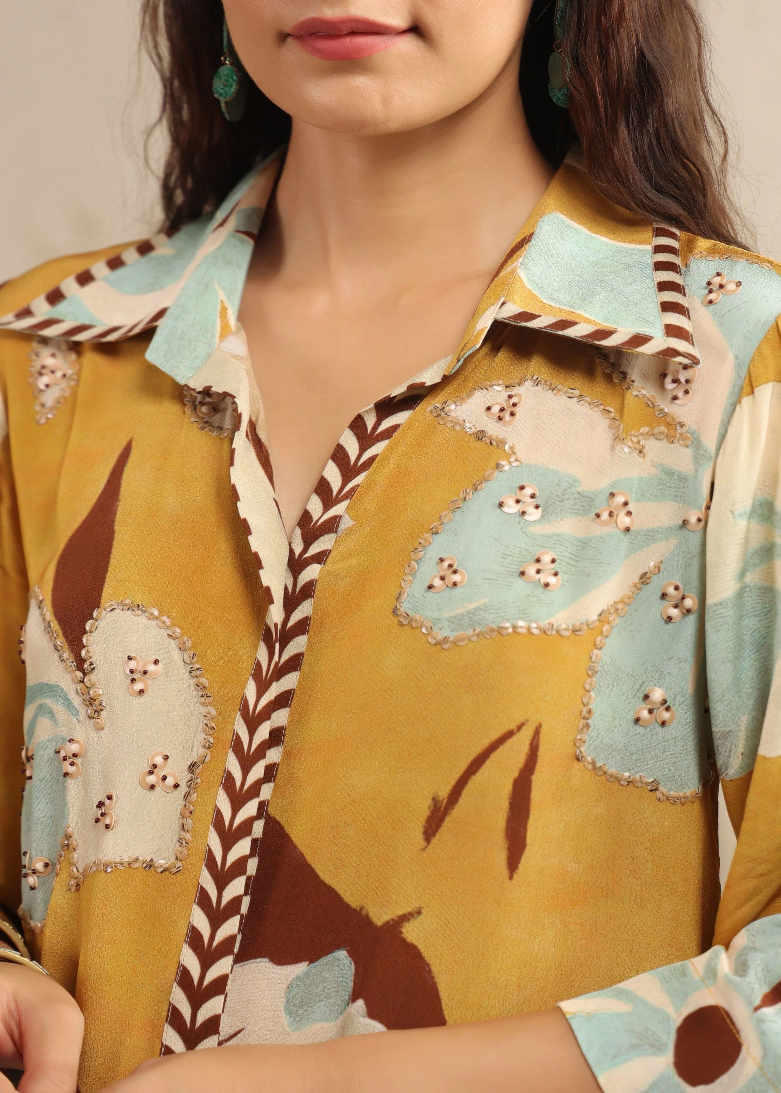 Mustard Yellow Floral Printed Viscose Crepe Co-Ord Set - Image 2