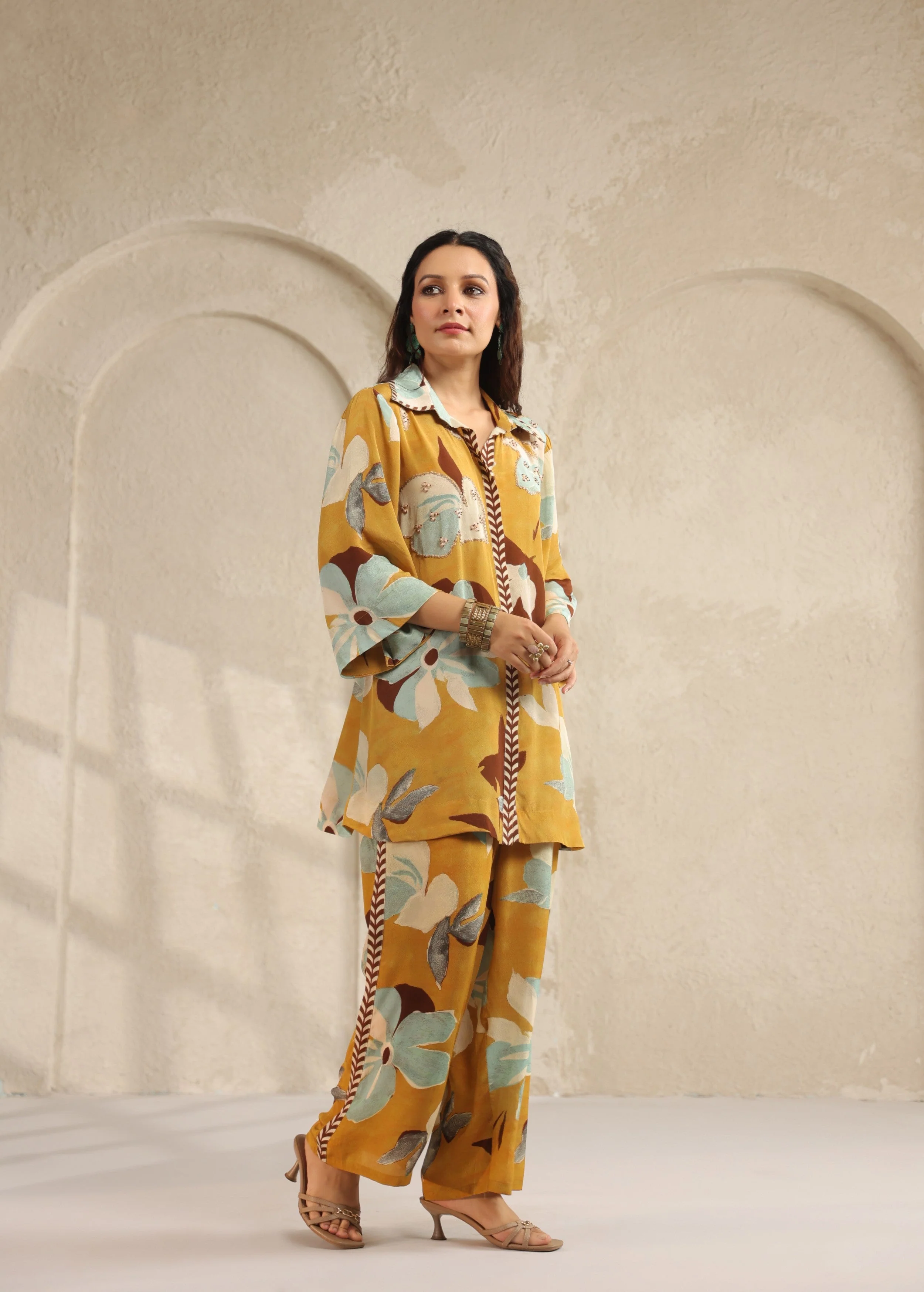 Mustard Yellow Floral Printed Viscose Crepe Co-Ord Set - Image 3