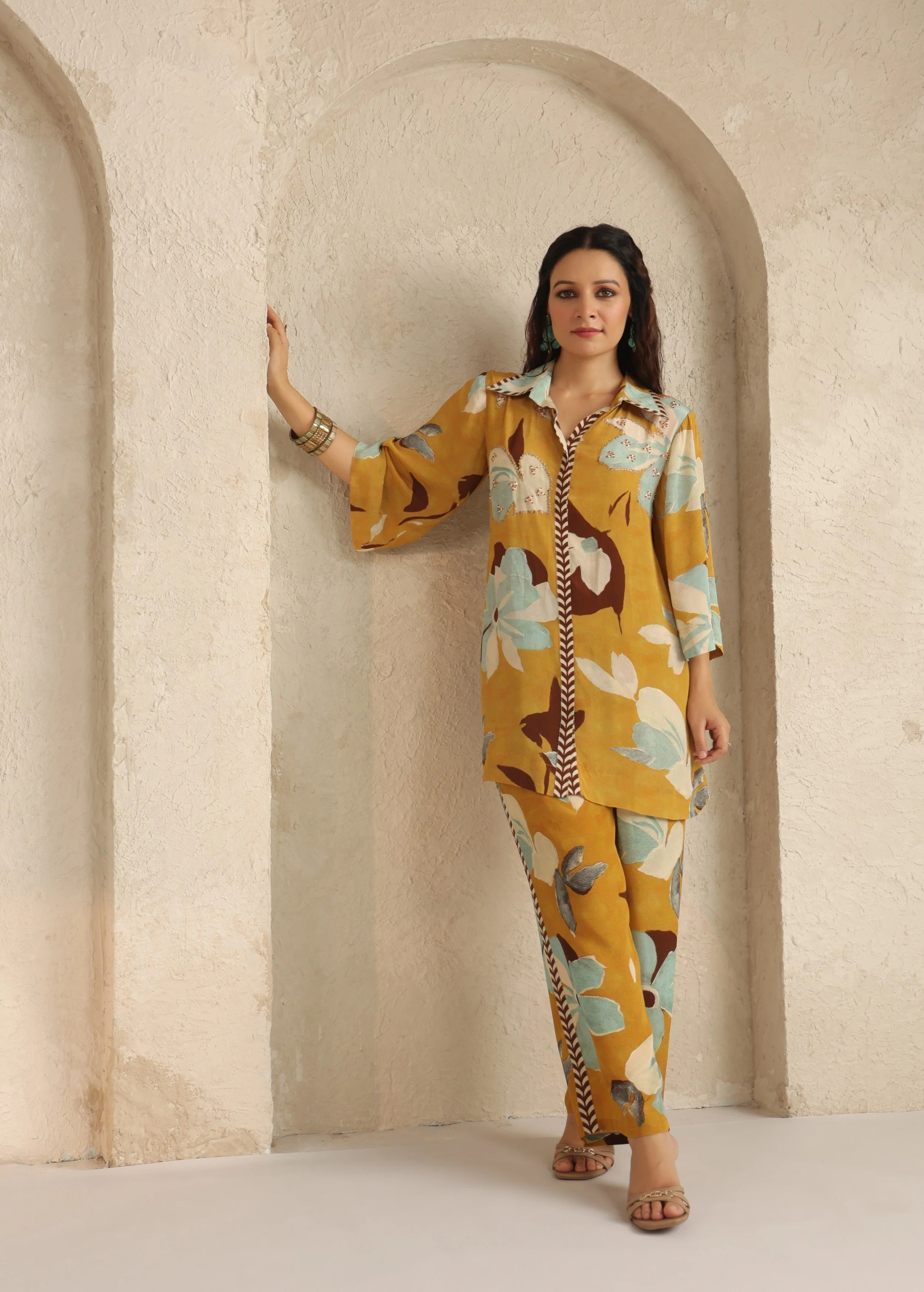Mustard Yellow Floral Printed Viscose Crepe Co-Ord Set - Image 4