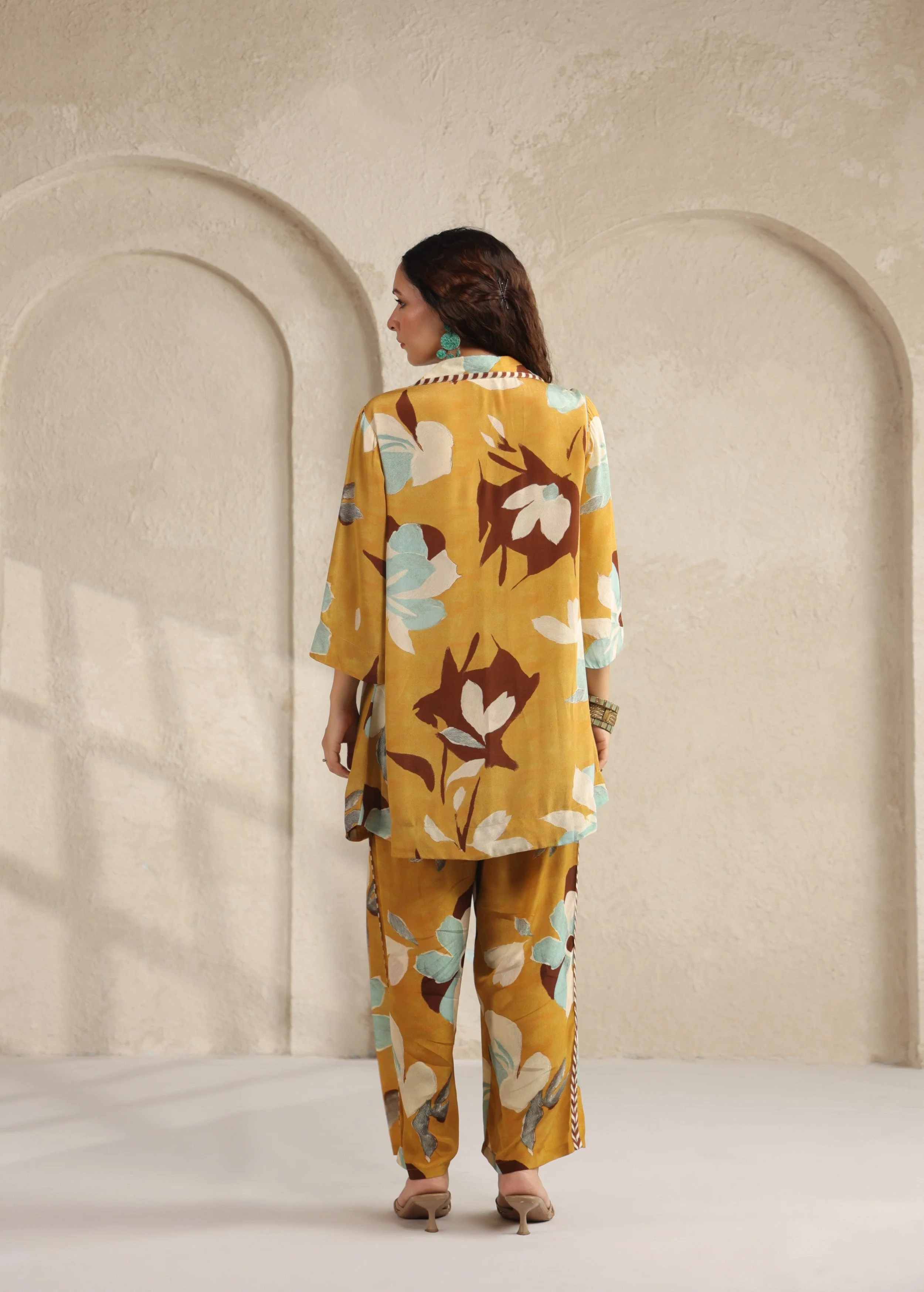 Mustard Yellow Floral Printed Viscose Crepe Co-Ord Set - Image 5