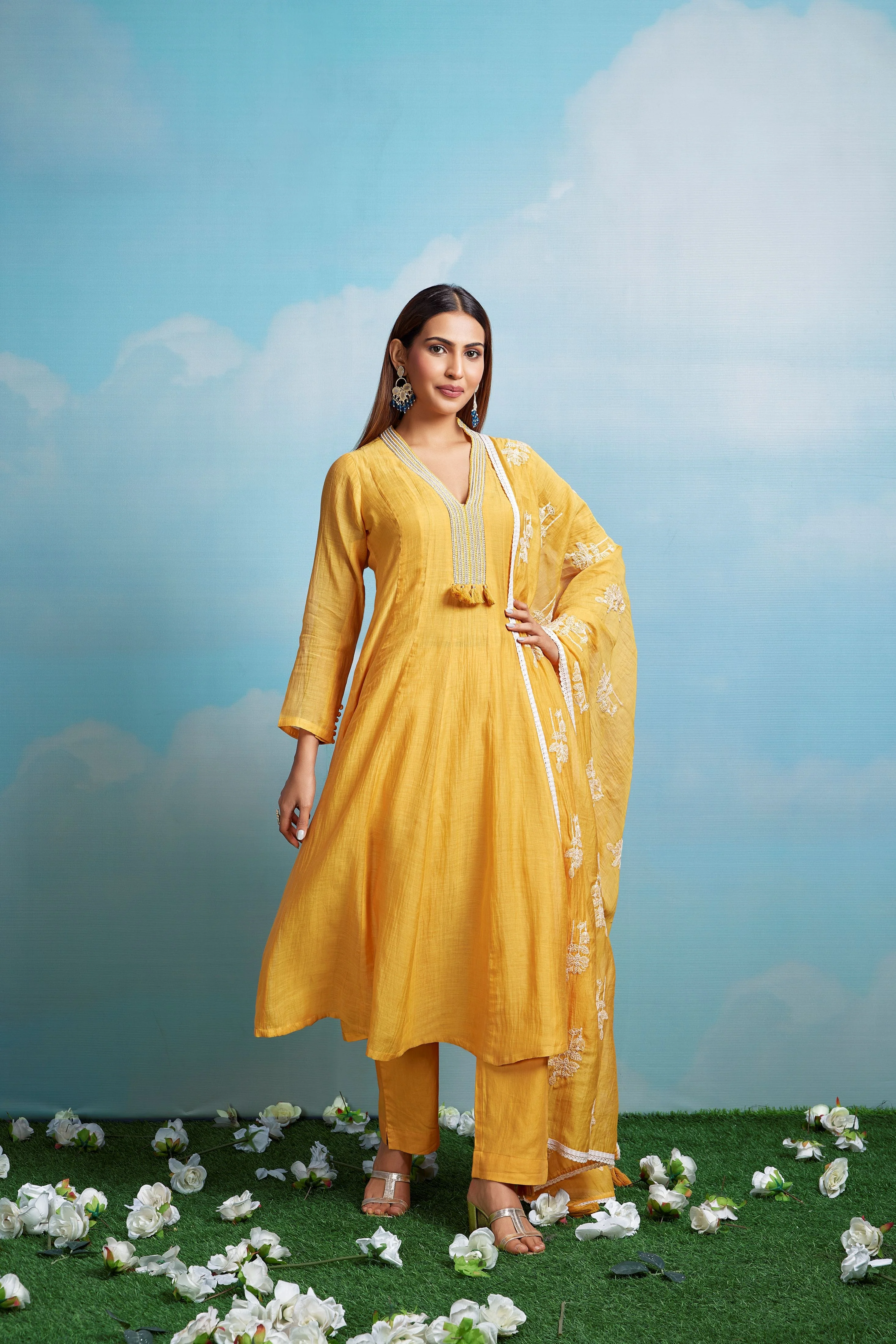 Mustard Glaze Embroidered Chanderi Silk Anarkali Set