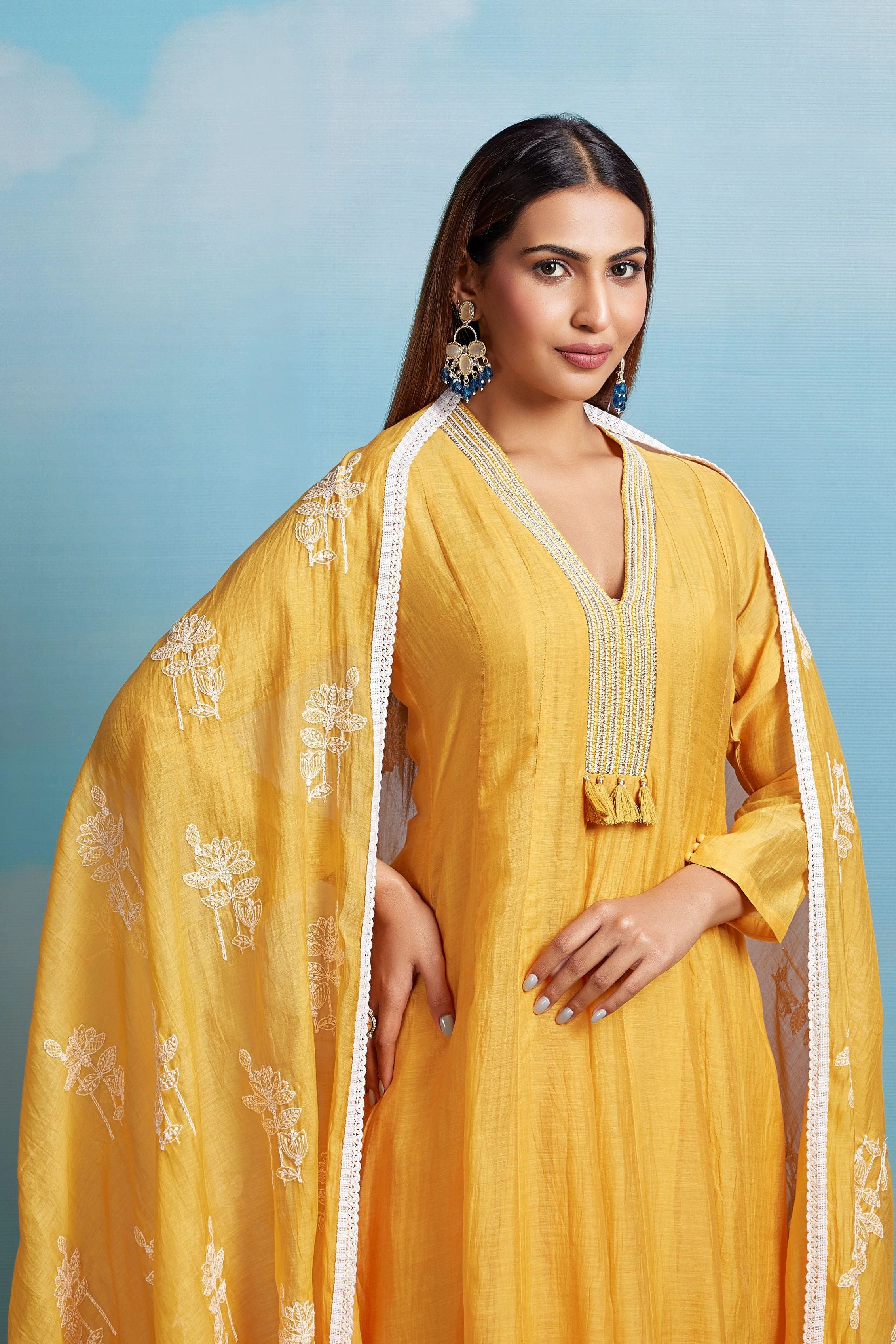 Mustard Glaze Embroidered Chanderi Silk Anarkali Set - Image 2