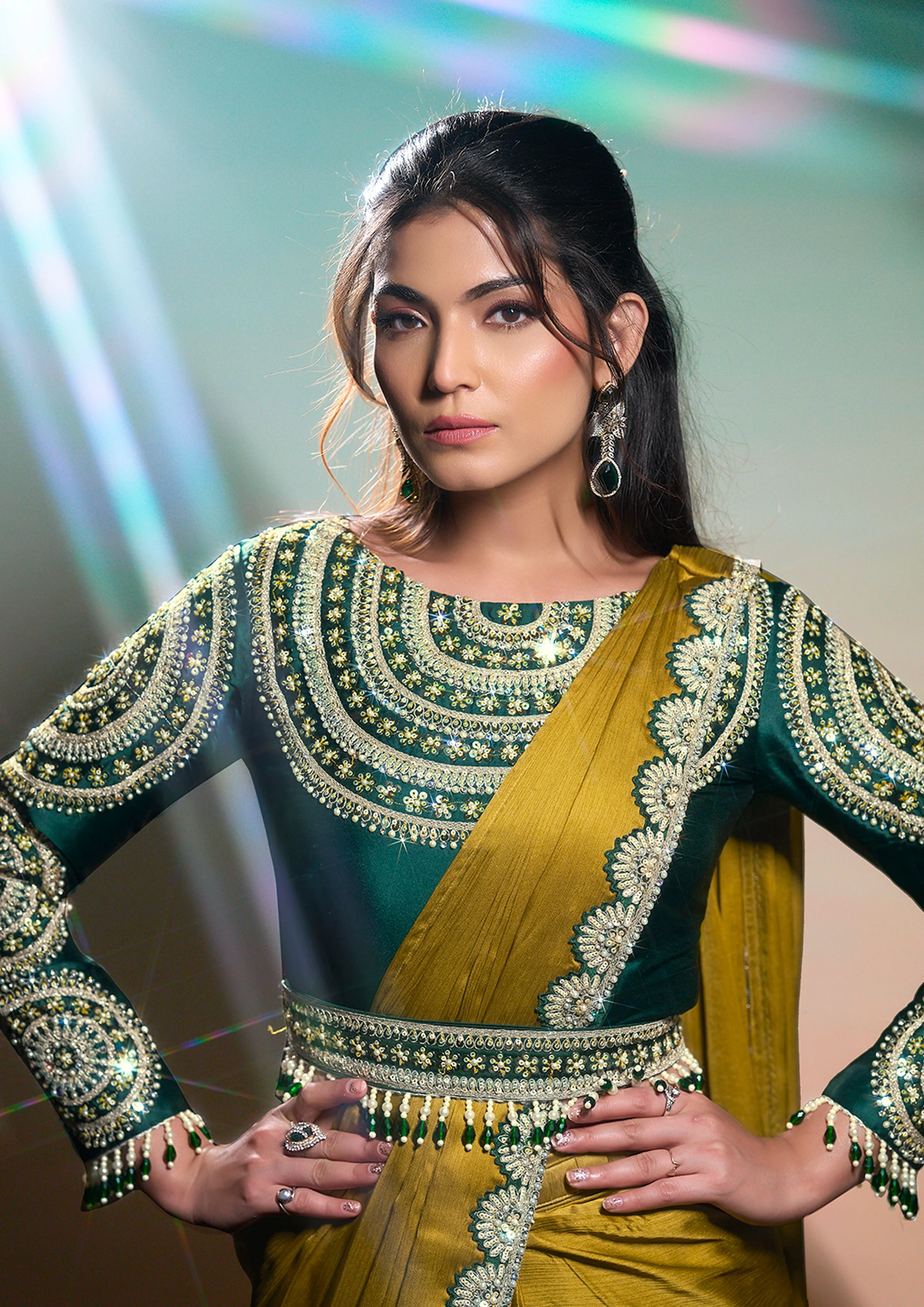 Moss Green Embellished Georgette Silk Saree - Image 2