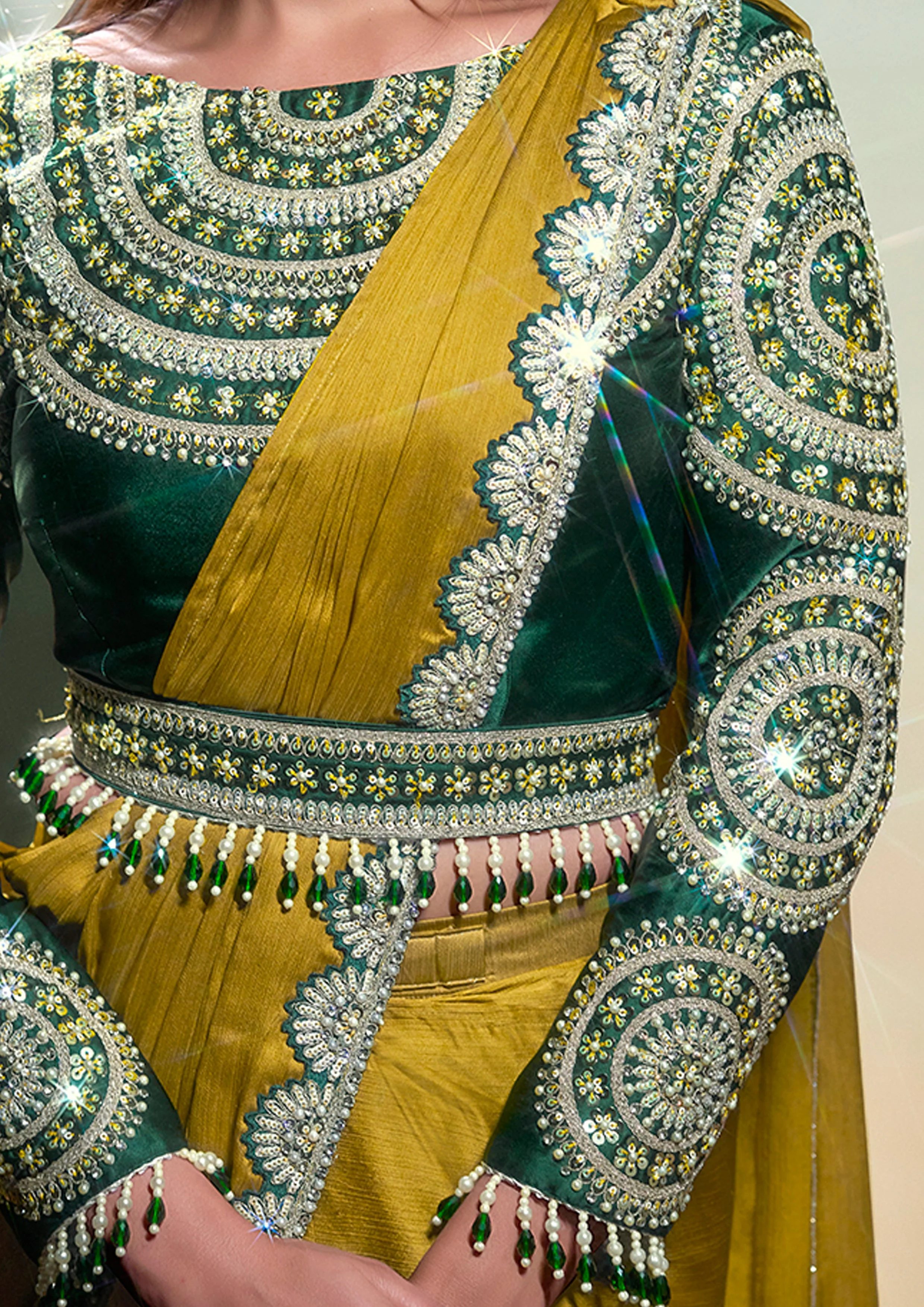 Moss Green Embellished Georgette Silk Saree - Image 3