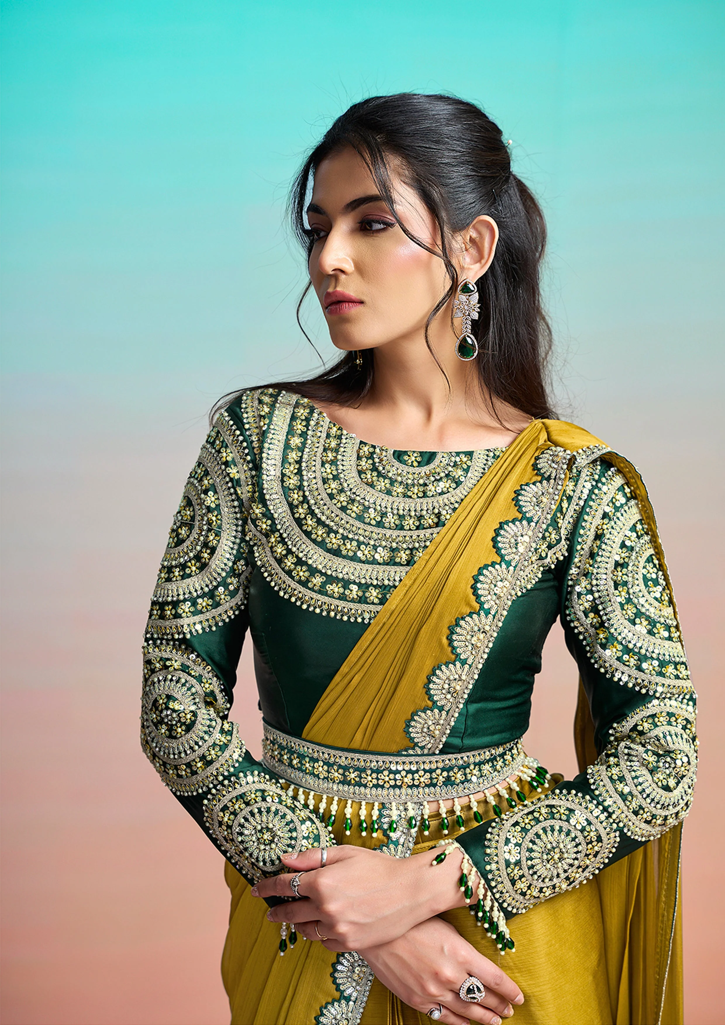 Moss Green Embellished Georgette Silk Saree - Image 4