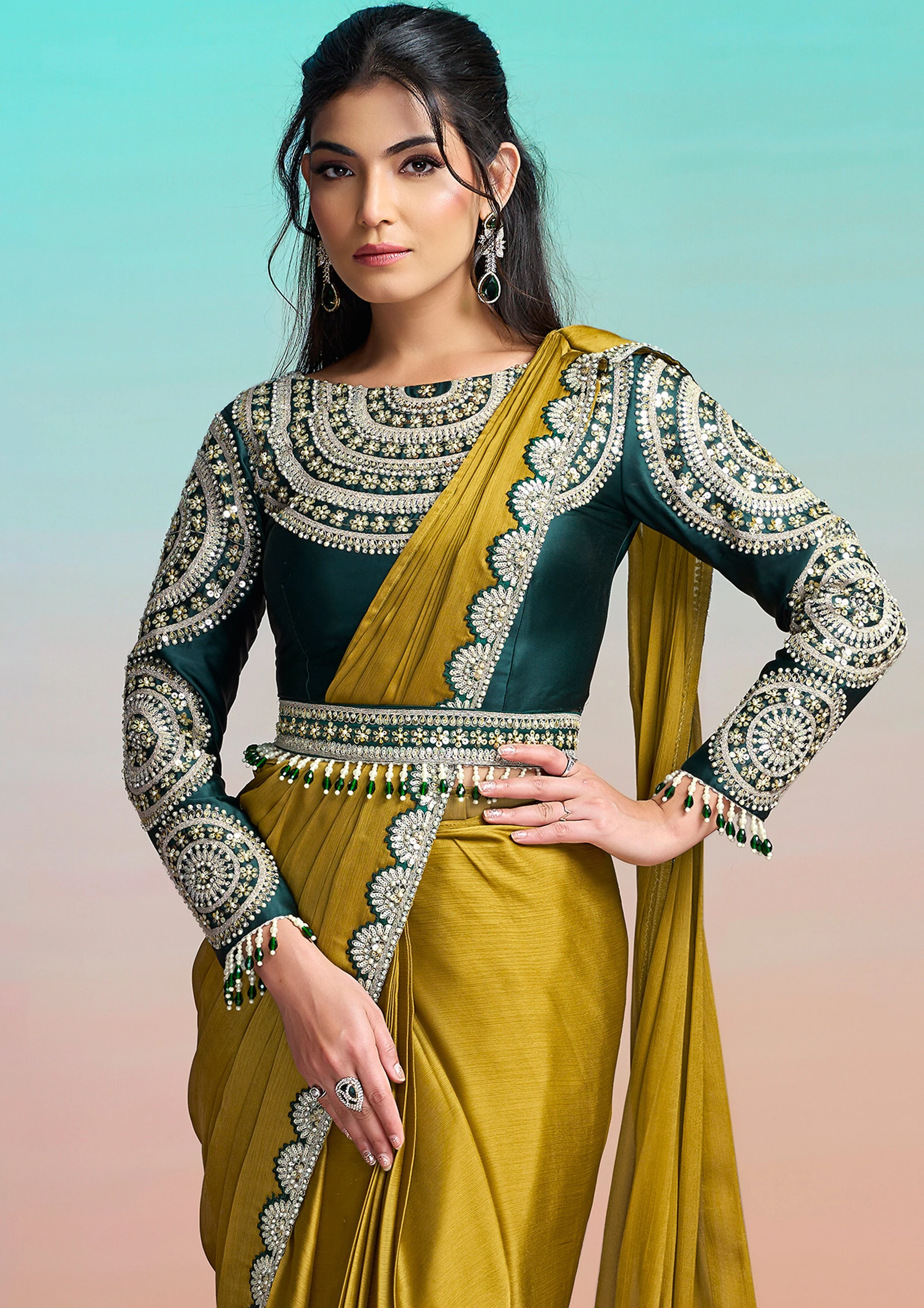 Moss Green Embellished Georgette Silk Saree - Image 5
