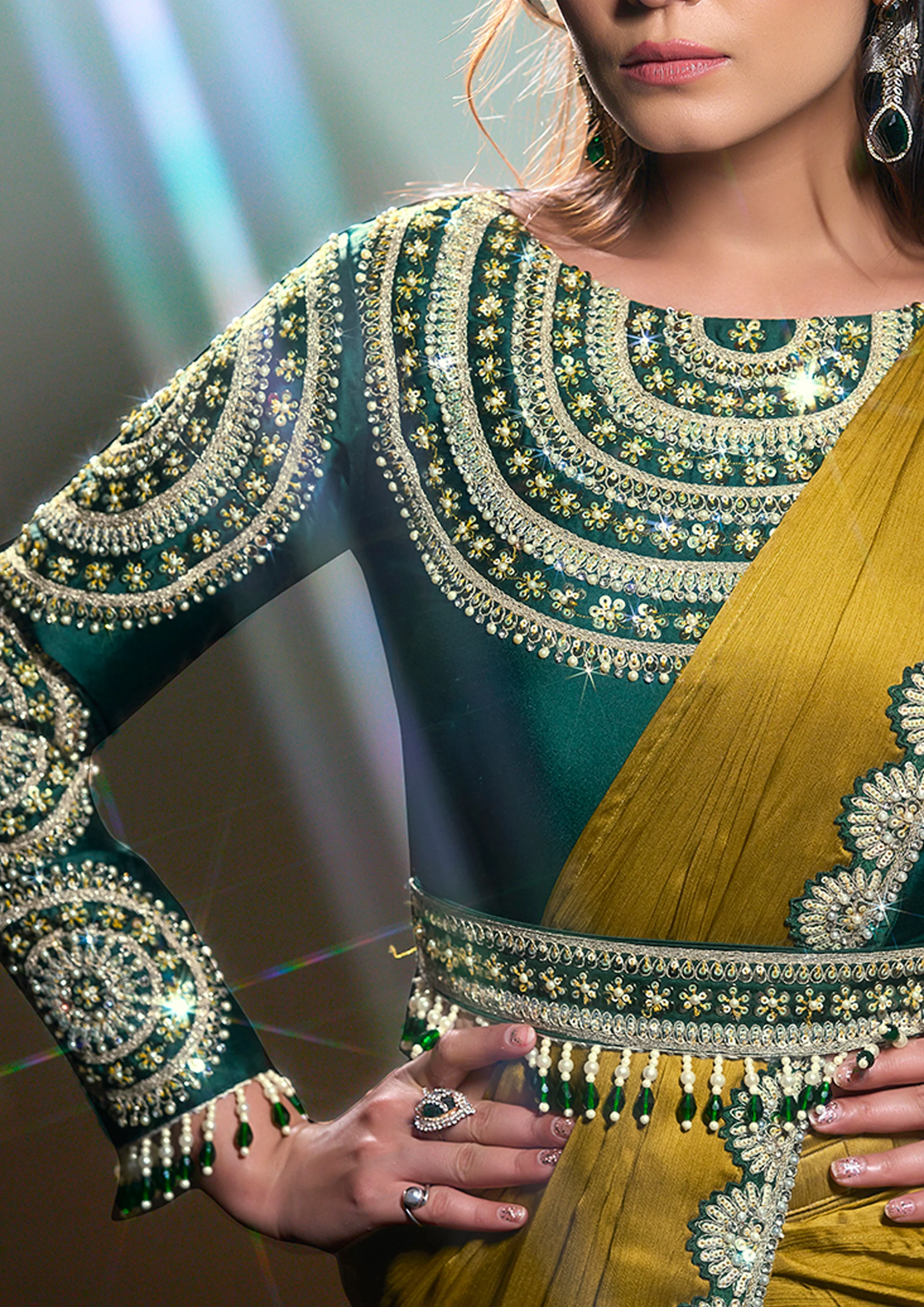 Moss Green Embellished Georgette Silk Saree - Image 6