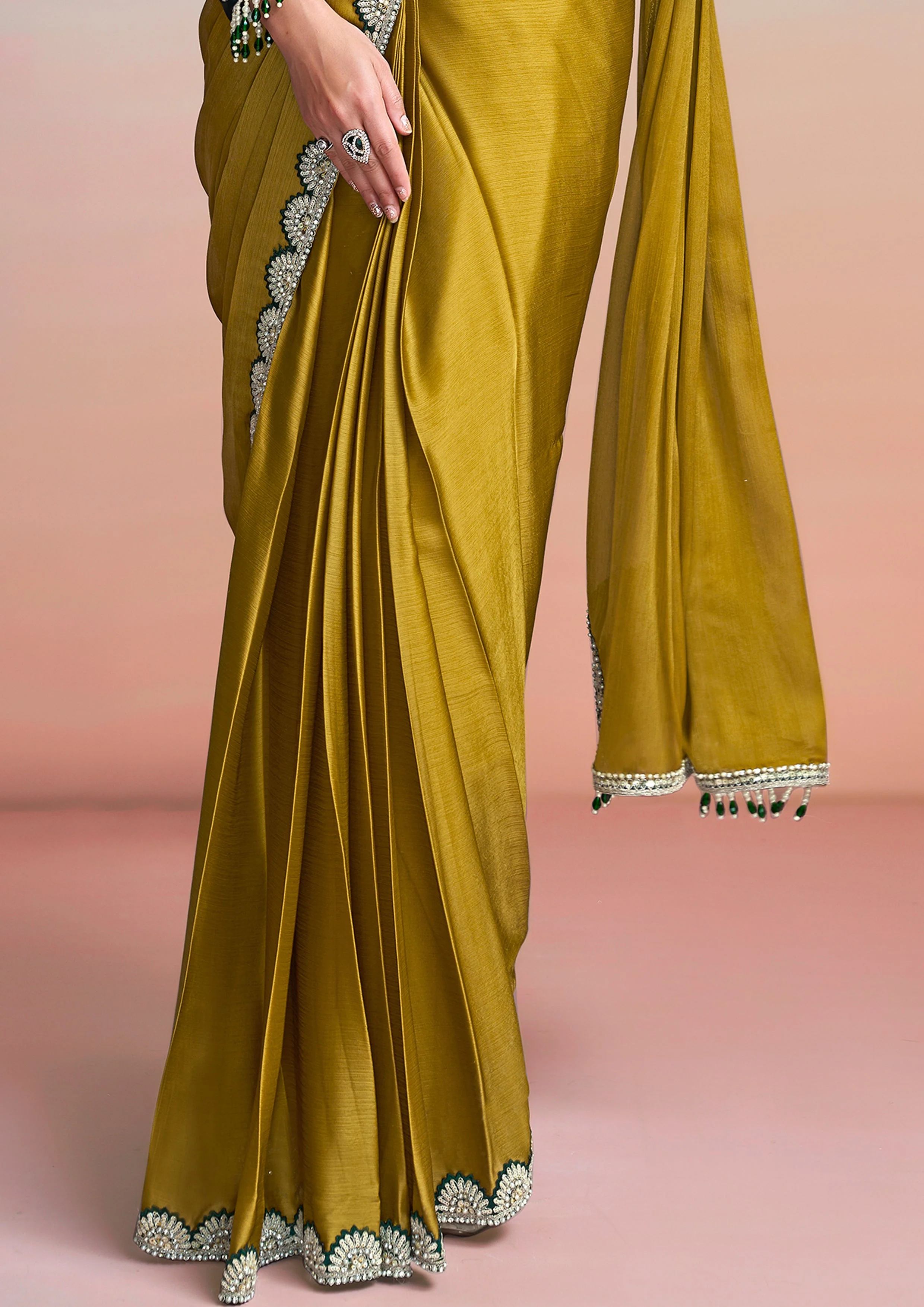 Moss Green Embellished Georgette Silk Saree - Image 7