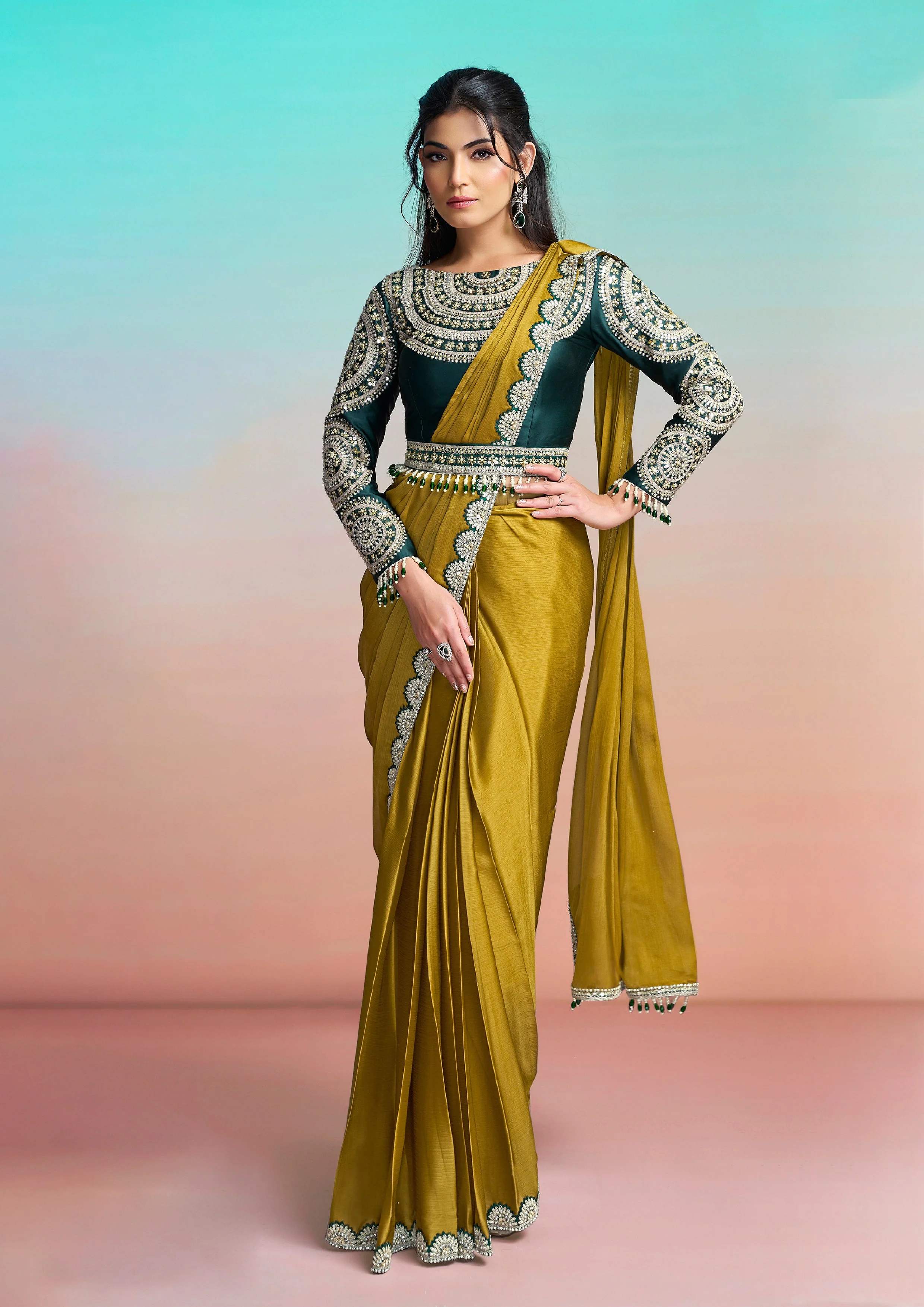Moss Green Embellished Georgette Silk Saree - Image 8