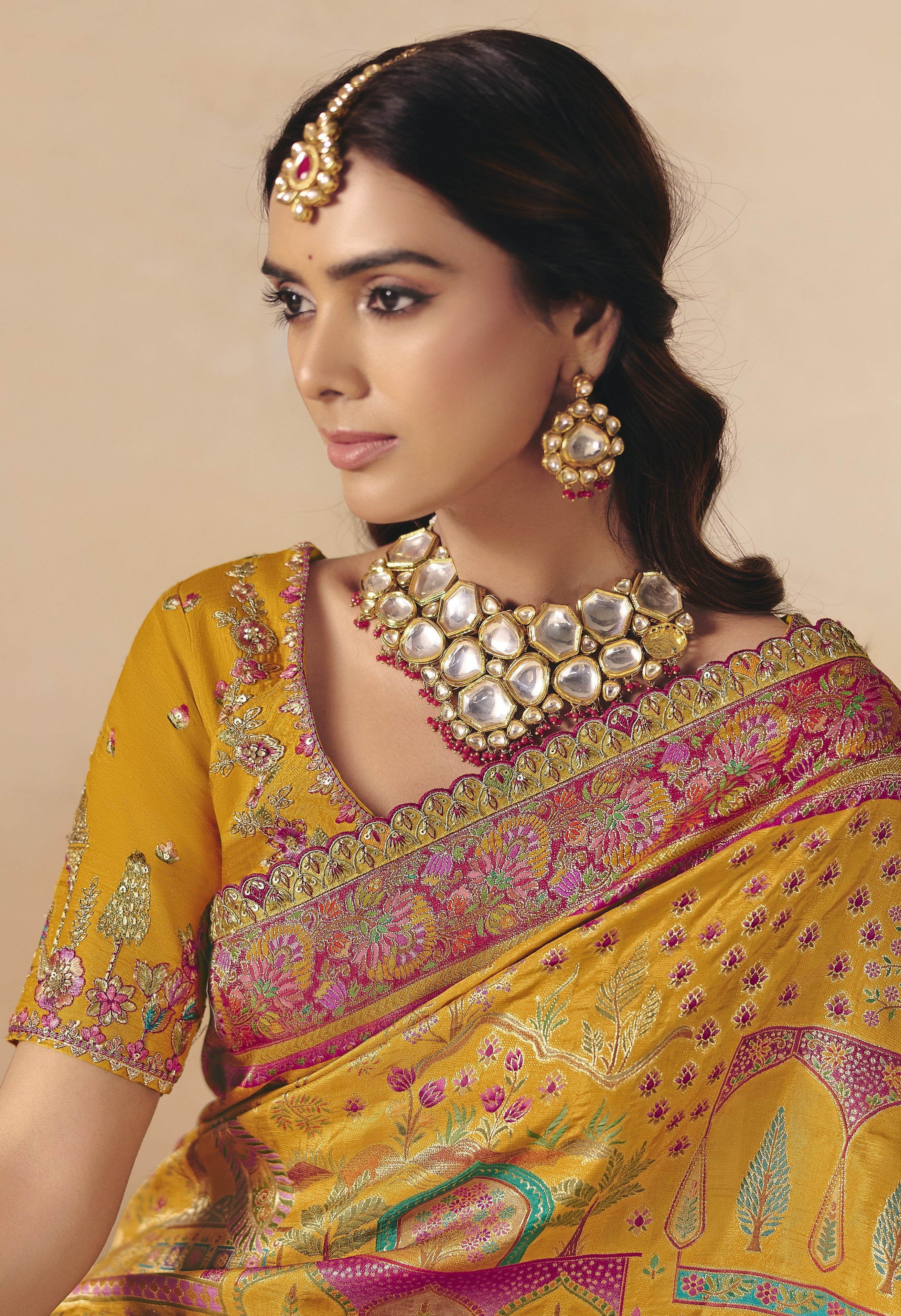 Mustard Gold Embellished Dola Silk Saree - Image 2
