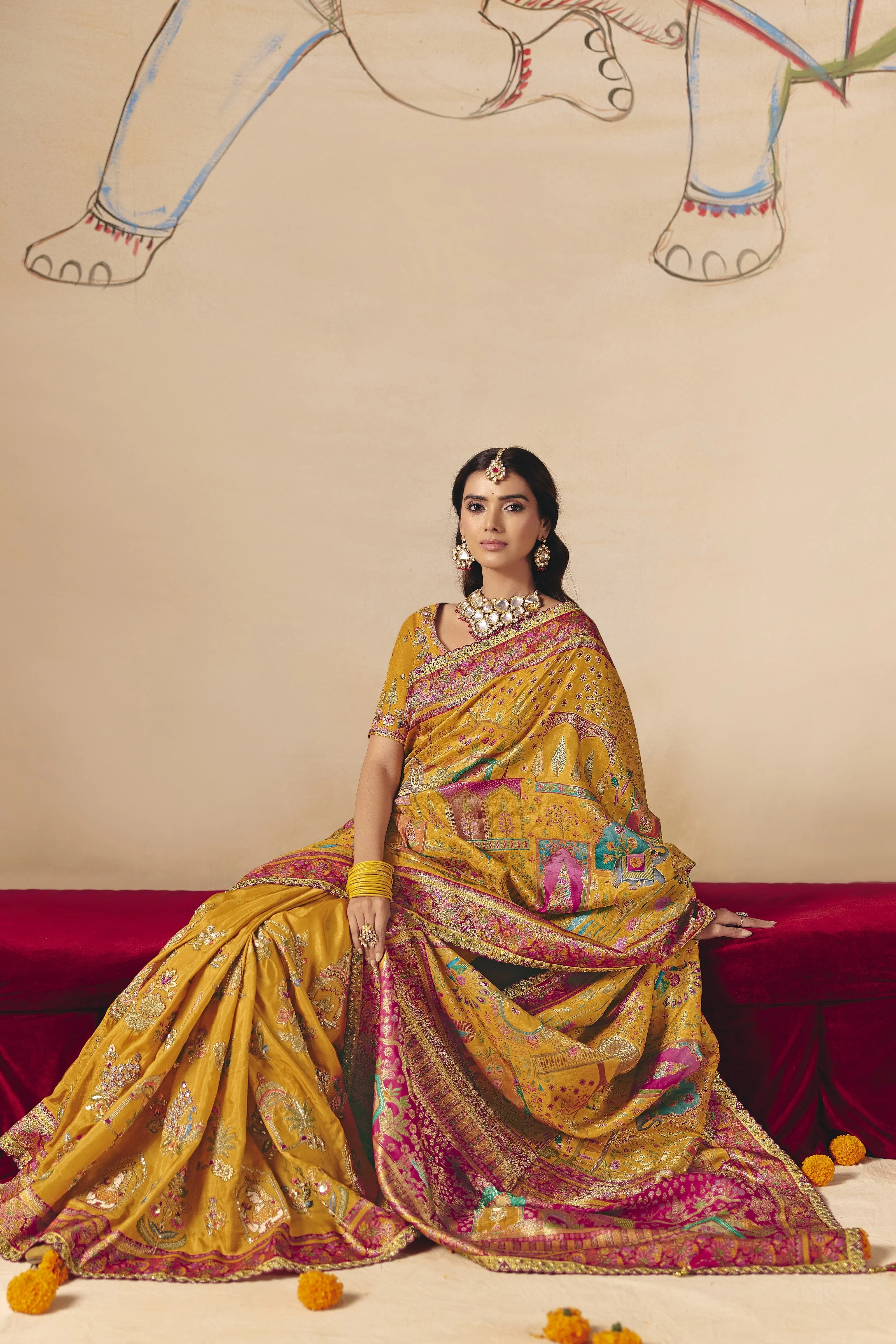 Mustard Gold Embellished Dola Silk Saree - Image 3