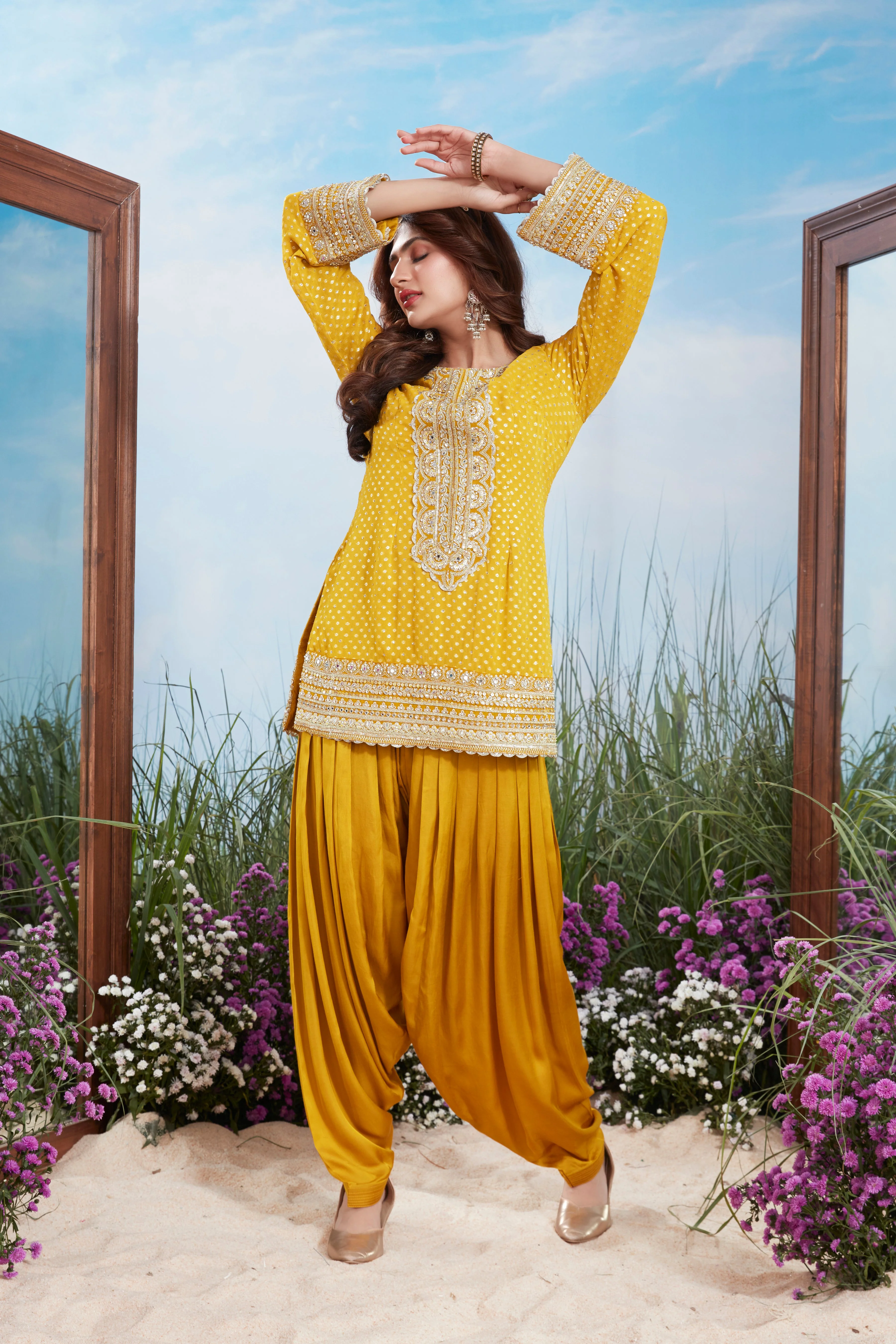 Mustard Gold Embellished Premium Silk Dhoti Set - Image 2