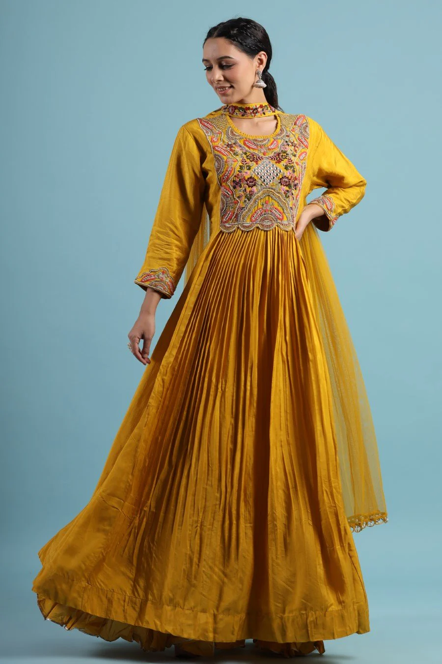 Mustard Kashmiri Silk Embroidered Anarkali - Image 3