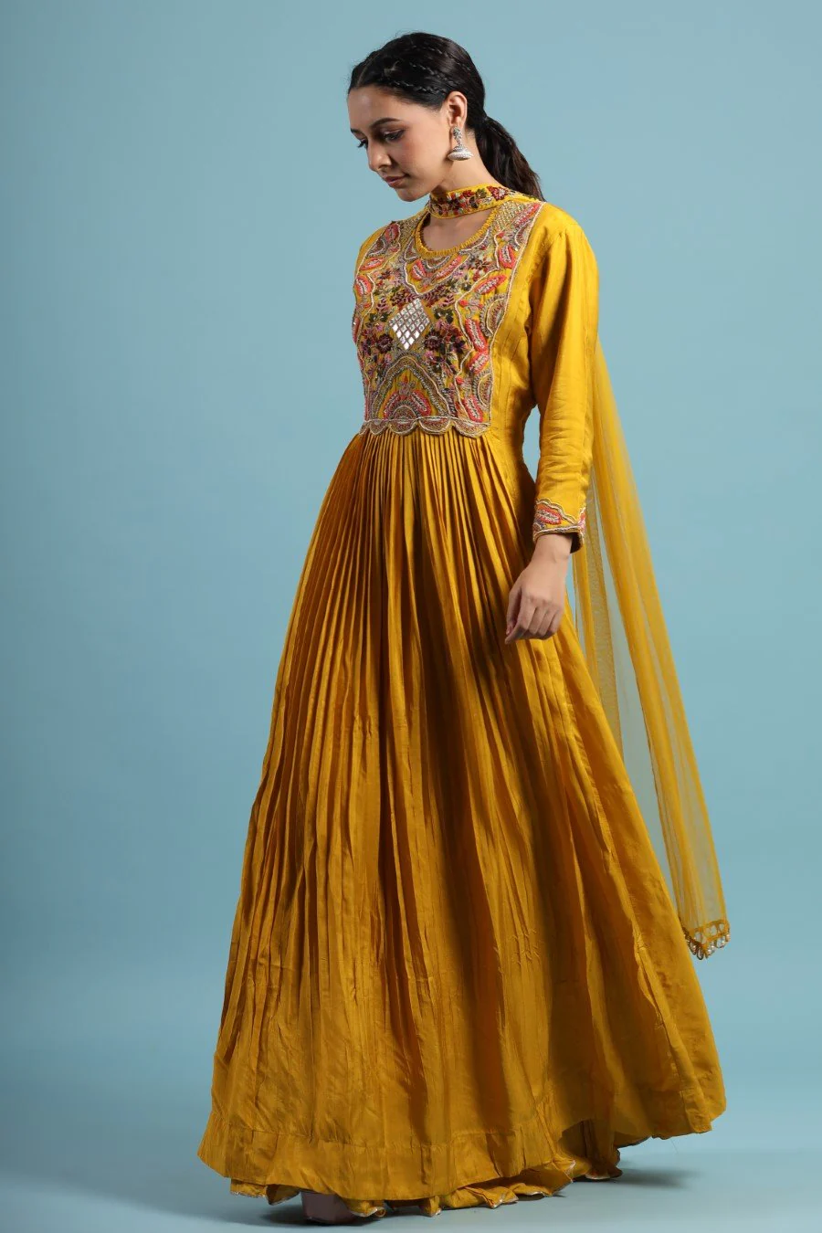 Mustard Kashmiri Silk Embroidered Anarkali - Image 4