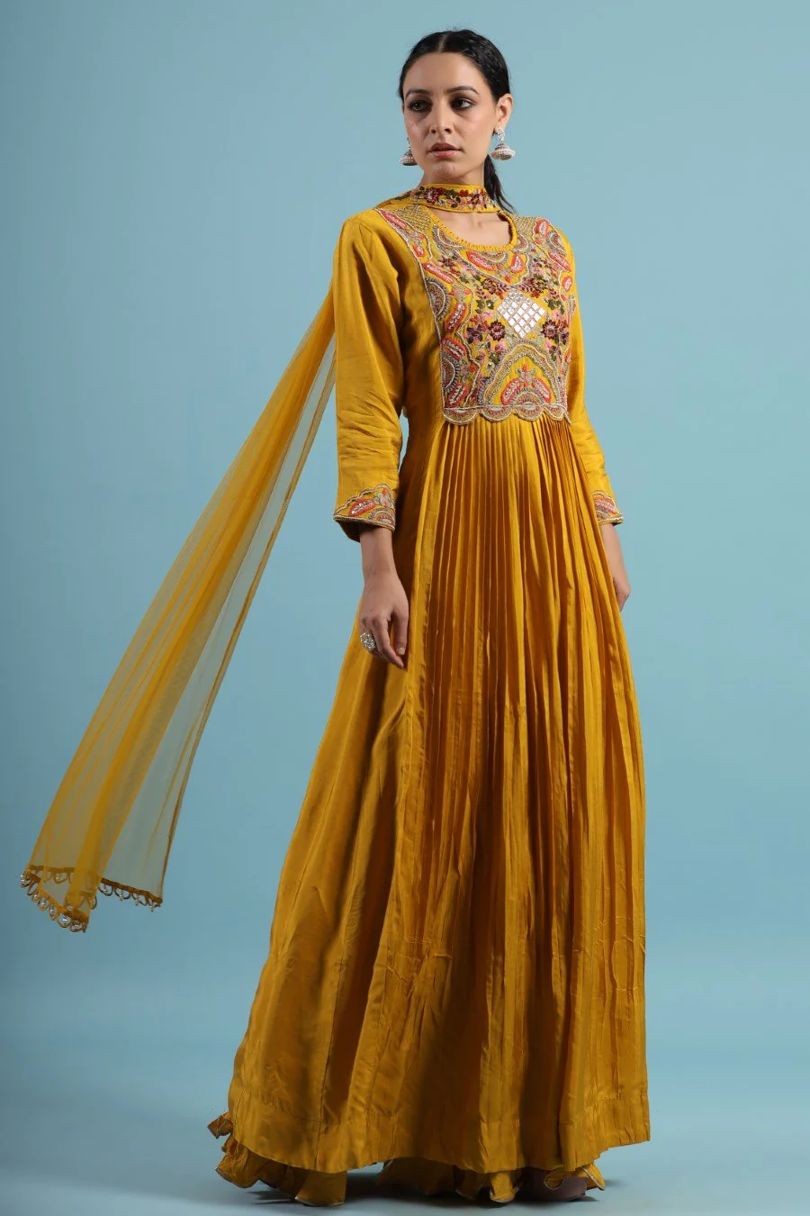 Mustard Kashmiri Silk Embroidered Anarkali - Image 5