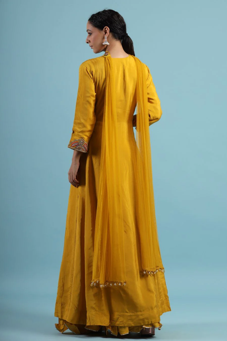Mustard Kashmiri Silk Embroidered Anarkali - Image 6