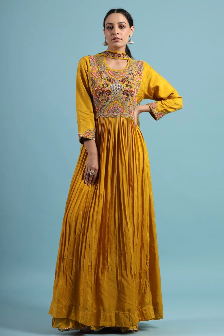 Mustard Kashmiri Silk Embroidered Anarkali - Image 7