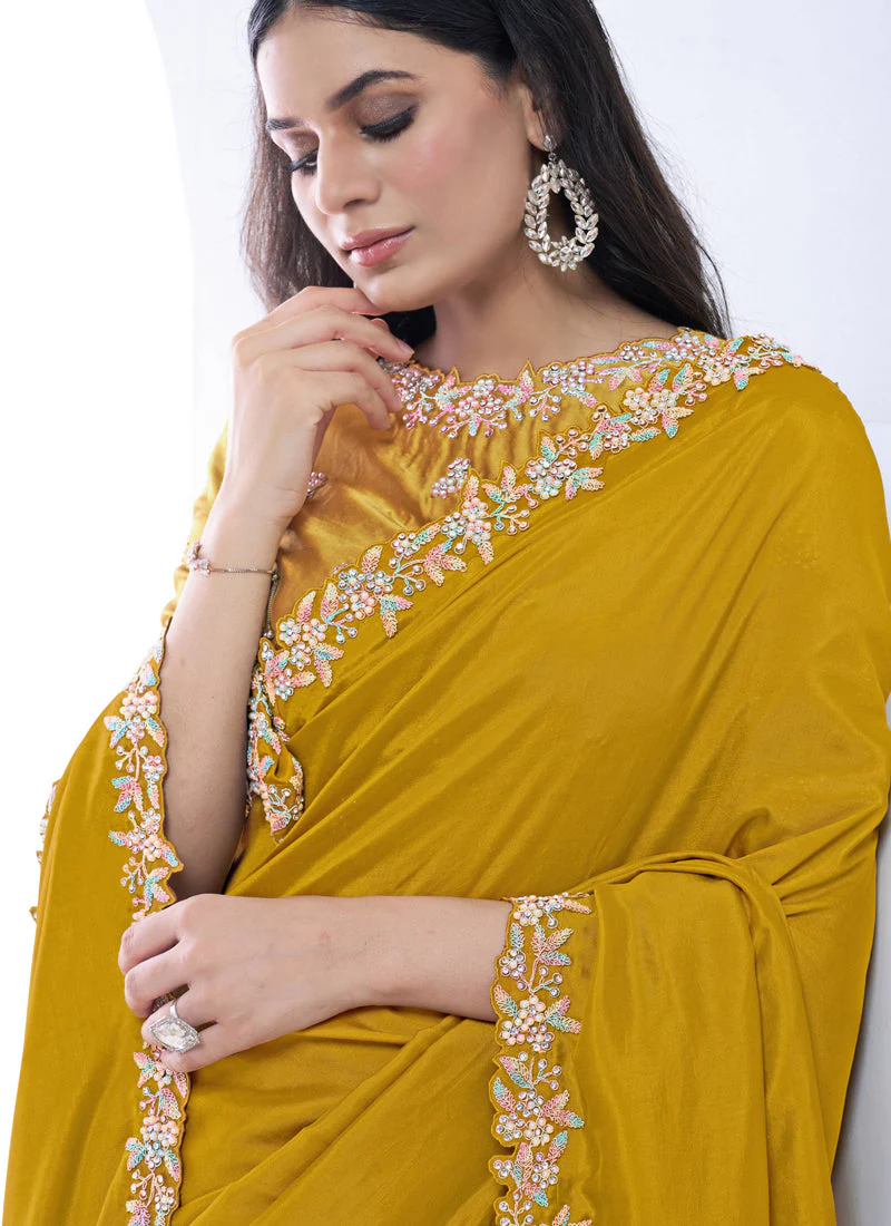 Mustard Luxe Embellished Crepe Silk Saree - Image 2