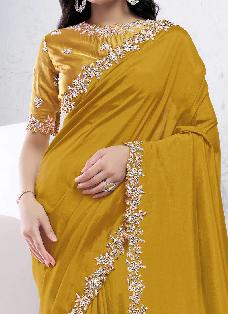 Mustard Luxe Embellished Crepe Silk Saree - Image 3