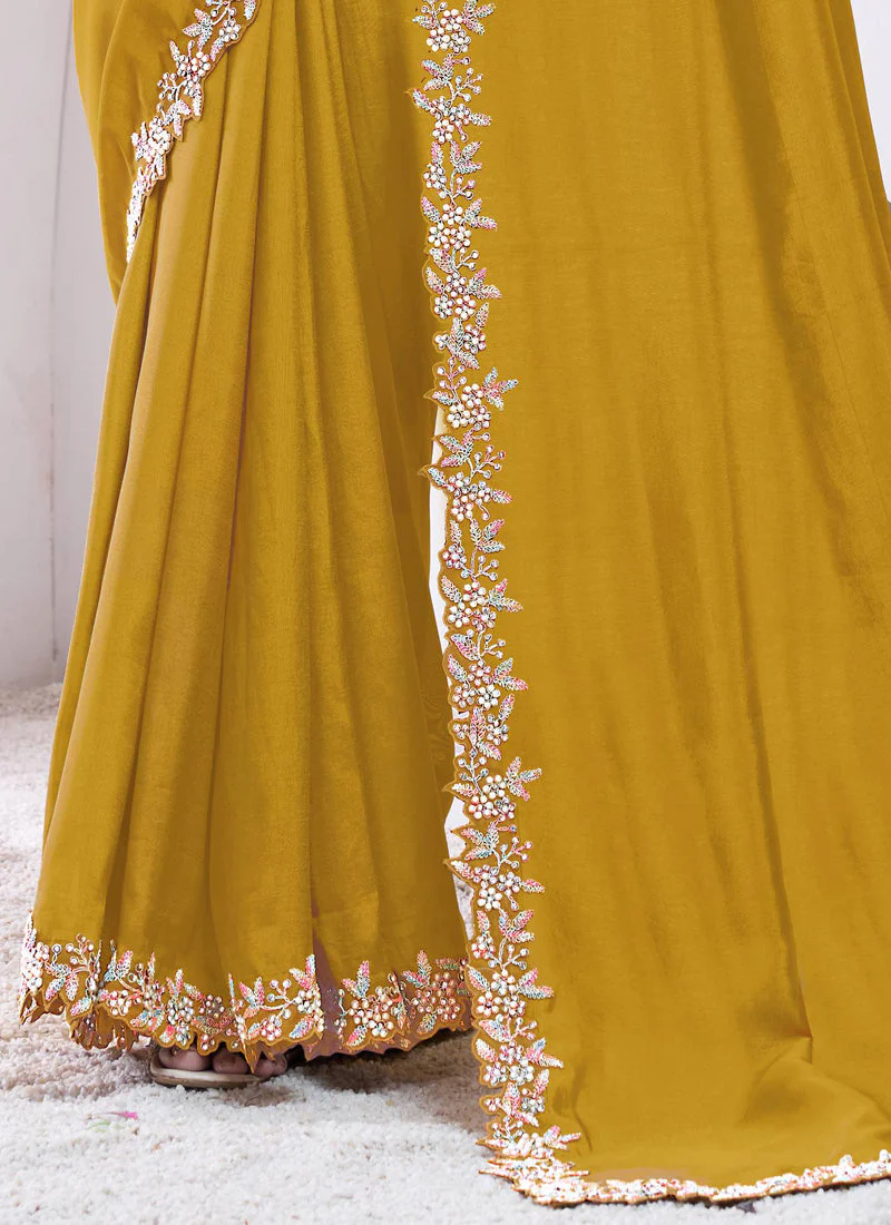 Mustard Luxe Embellished Crepe Silk Saree - Image 4