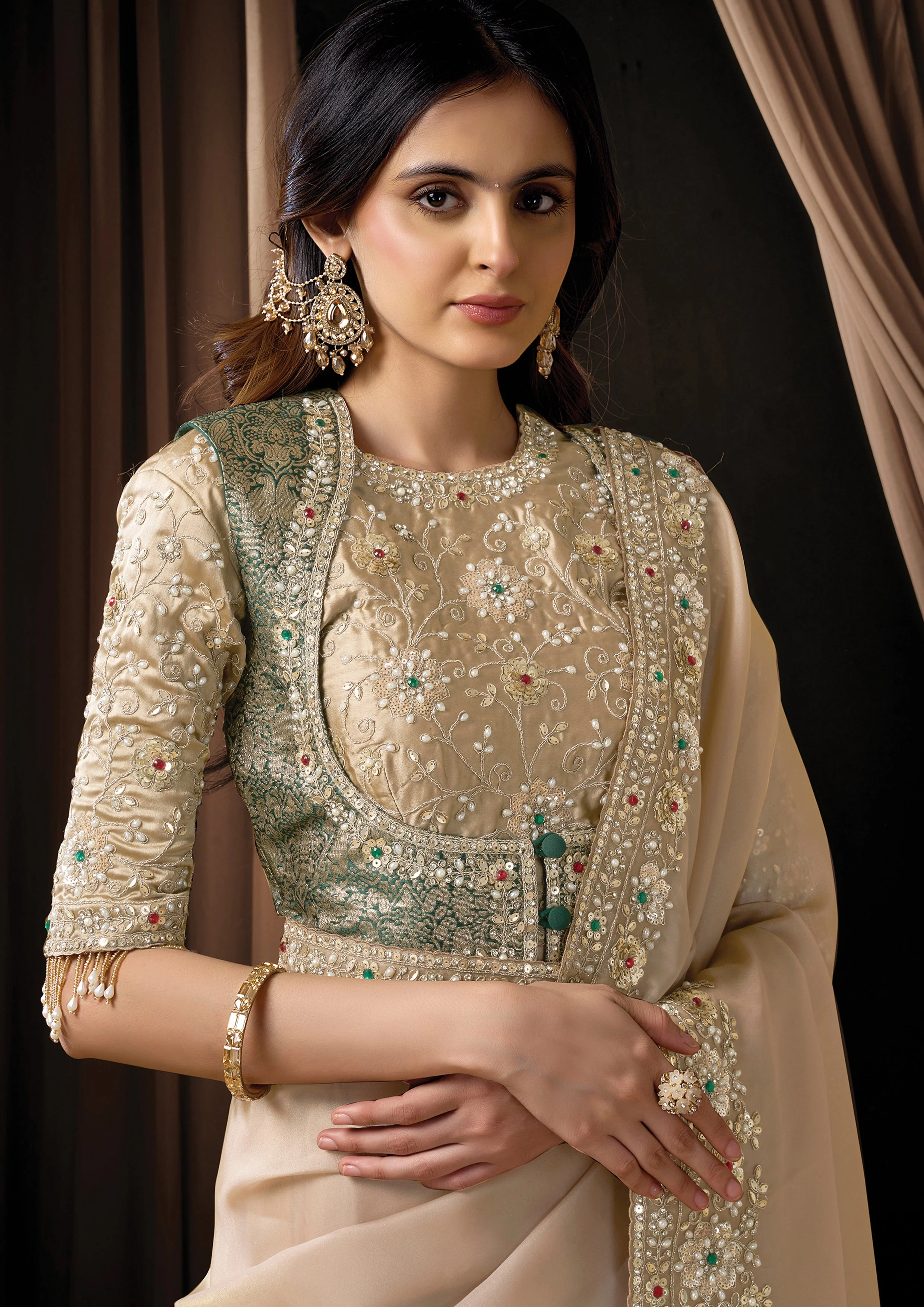 Premium Beige Embellished Organza Satin Silk Saree - Image 3