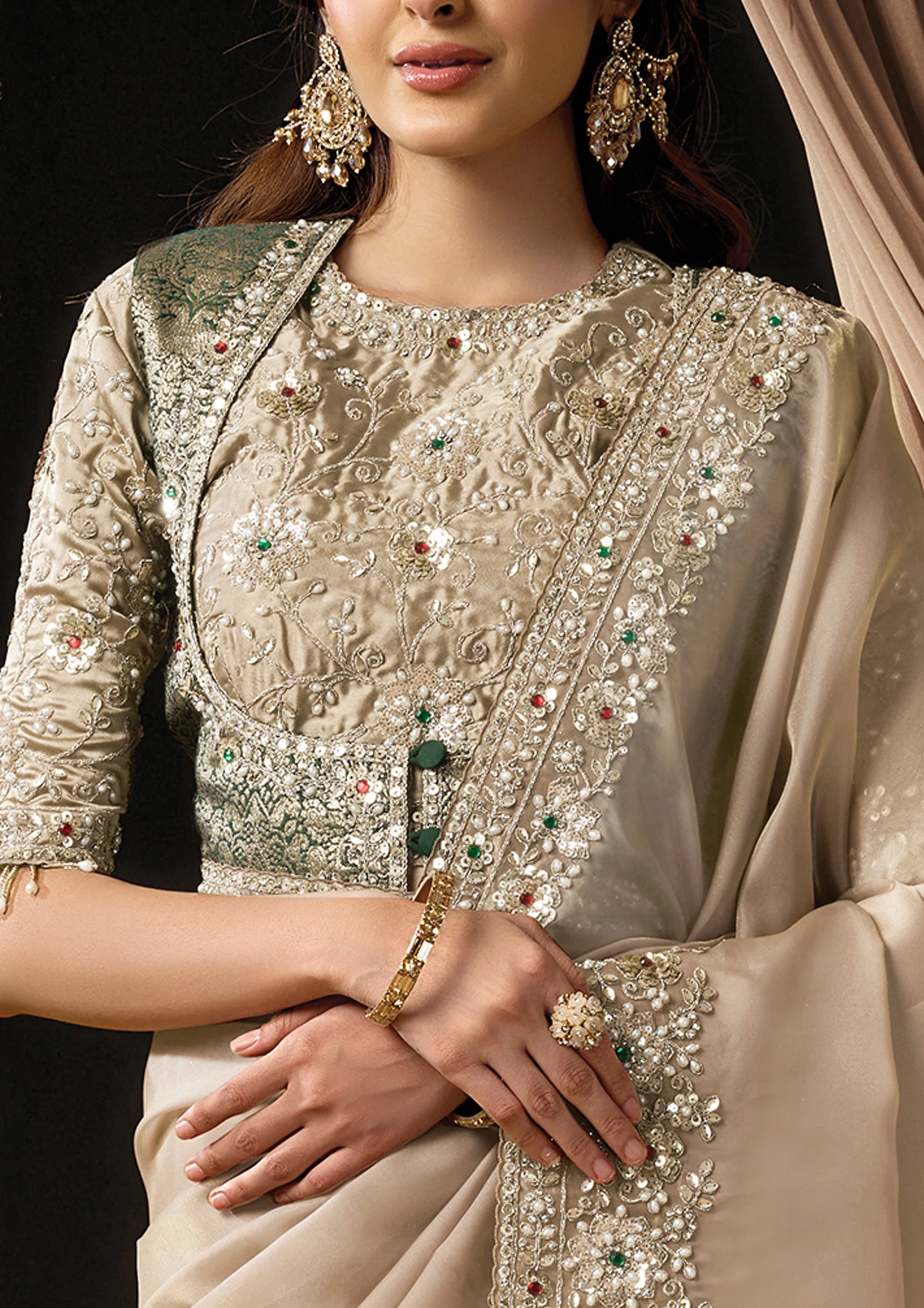 Premium Beige Embellished Organza Satin Silk Saree - Image 4