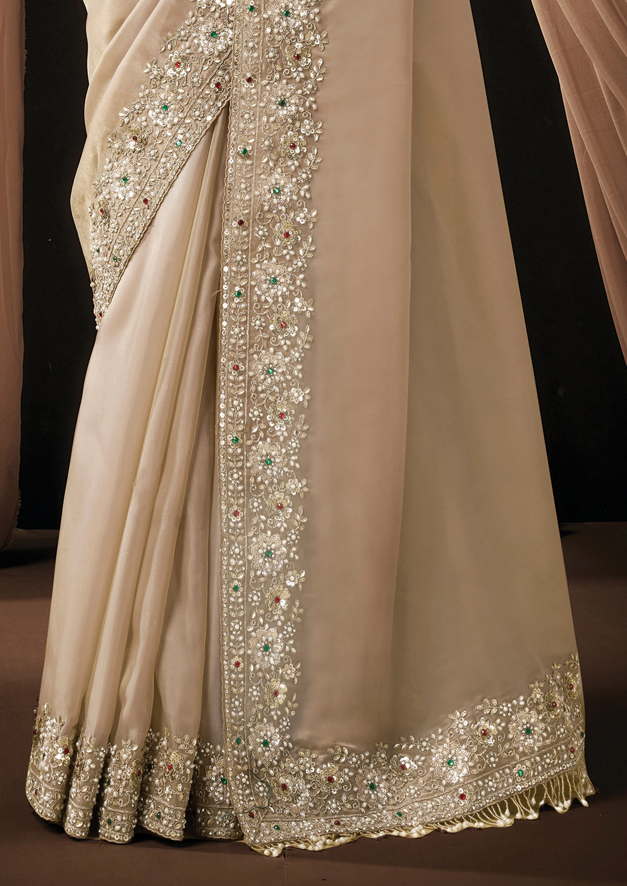 Premium Beige Embellished Organza Satin Silk Saree - Image 5