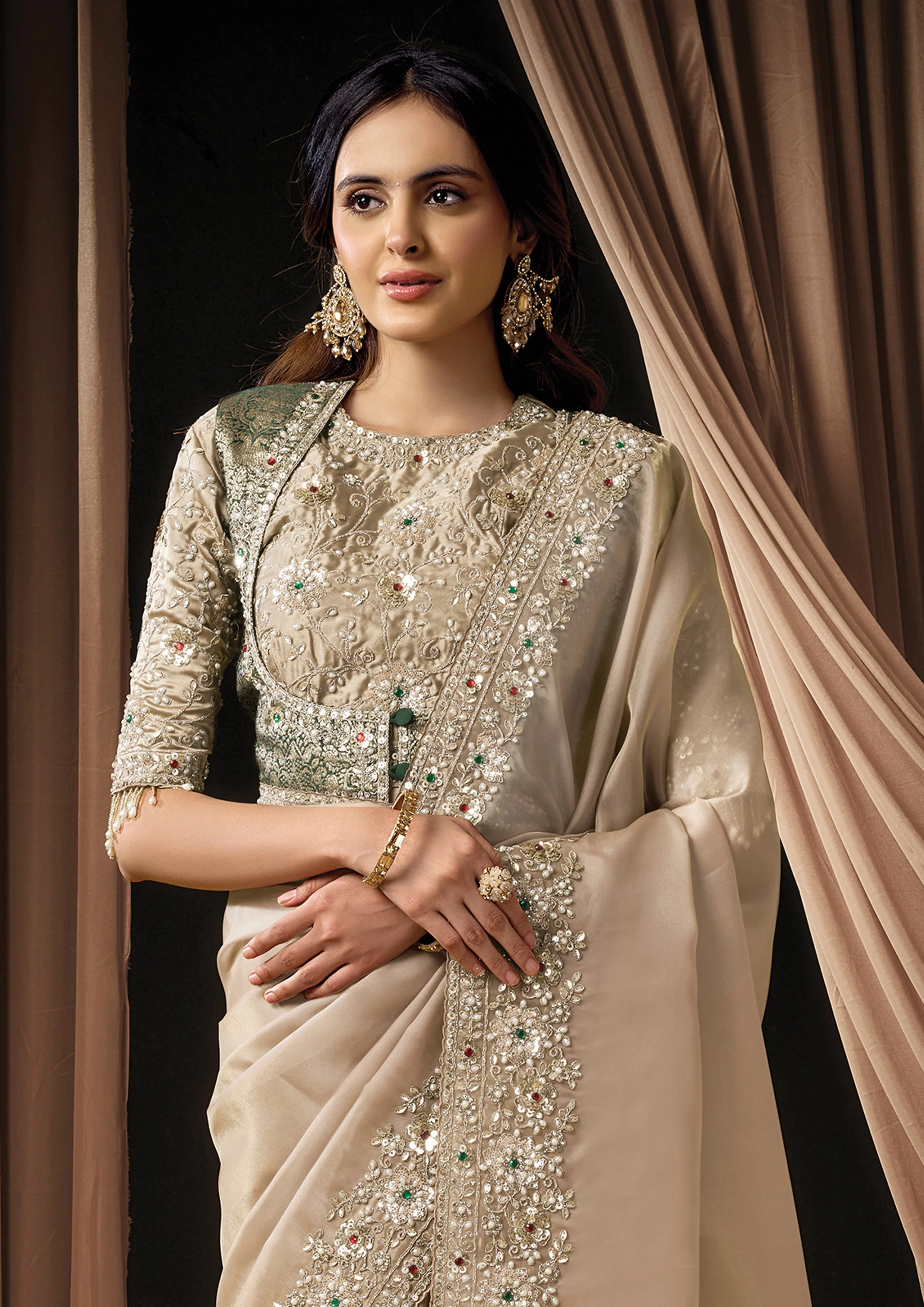 Premium Beige Embellished Organza Satin Silk Saree - Image 6