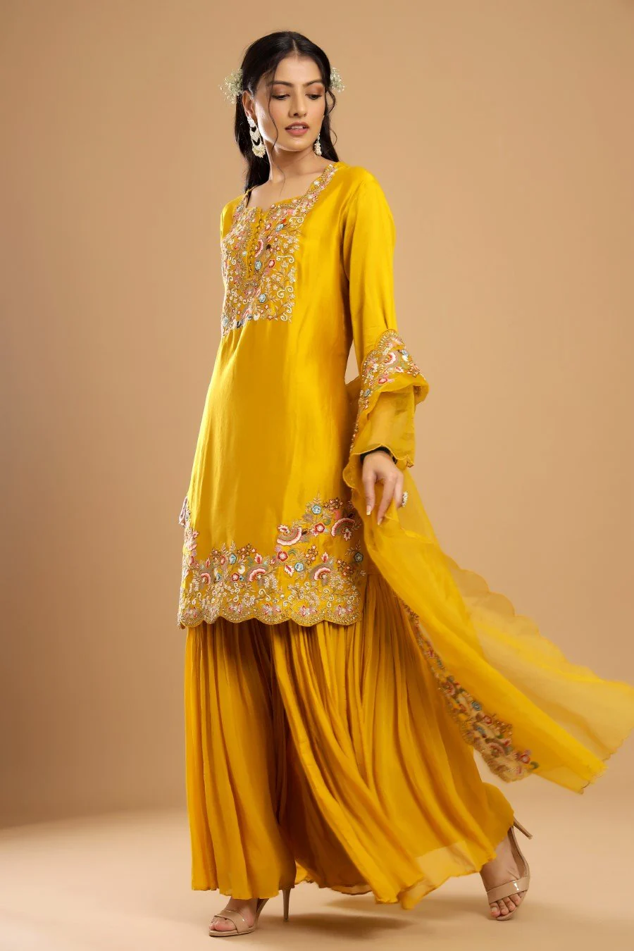Mustard Modal Chanderi Embroidered Sharara Set - Image 3