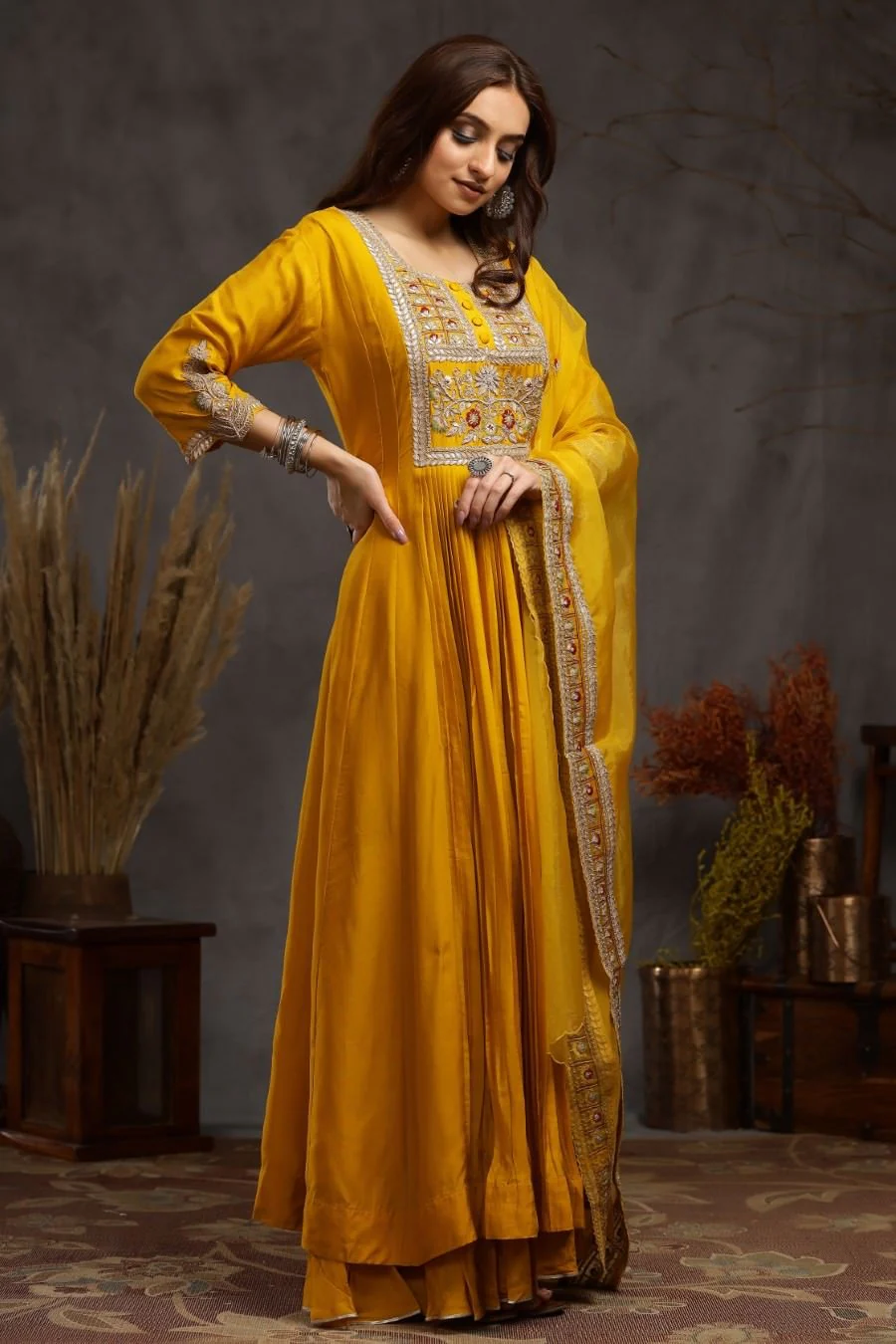 Mustard Modal Silk Long Enkle Length Stylish Dress And Dupatta With Embroidery - Image 3