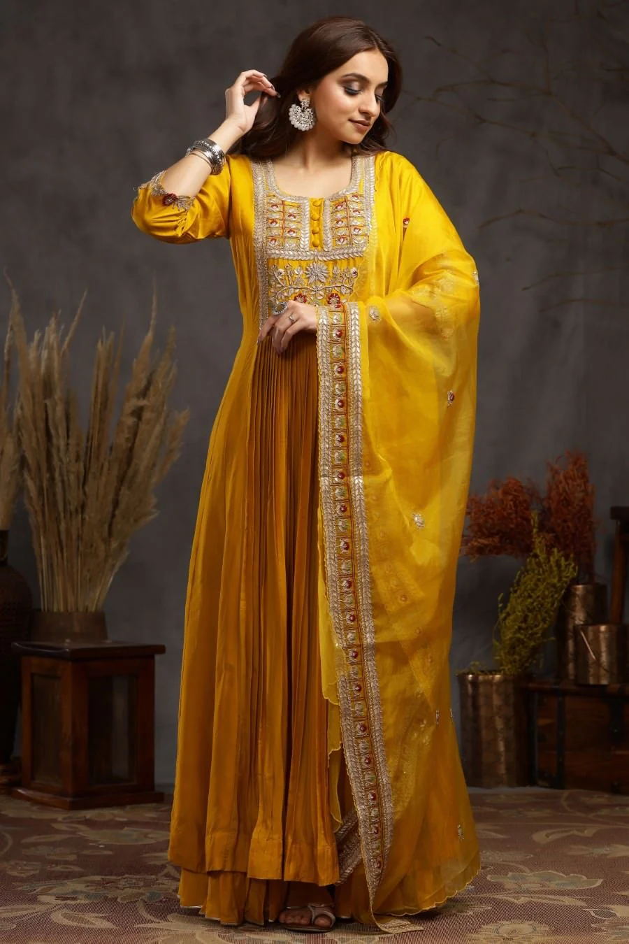 Mustard Modal Silk Long Enkle Length Stylish Dress And Dupatta With Embroidery - Image 4