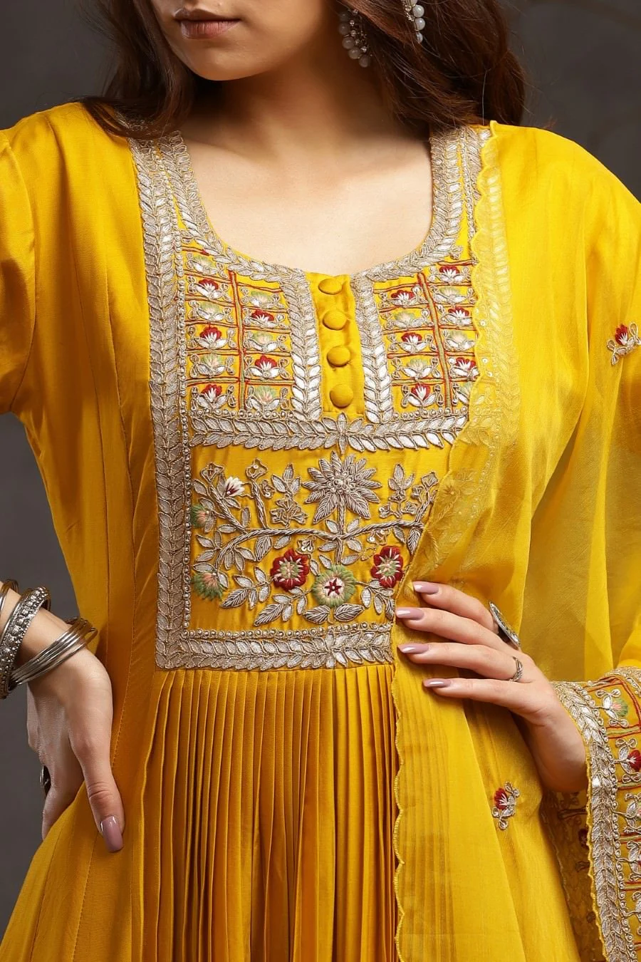 Mustard Modal Silk Long Enkle Length Stylish Dress And Dupatta With Embroidery - Image 5