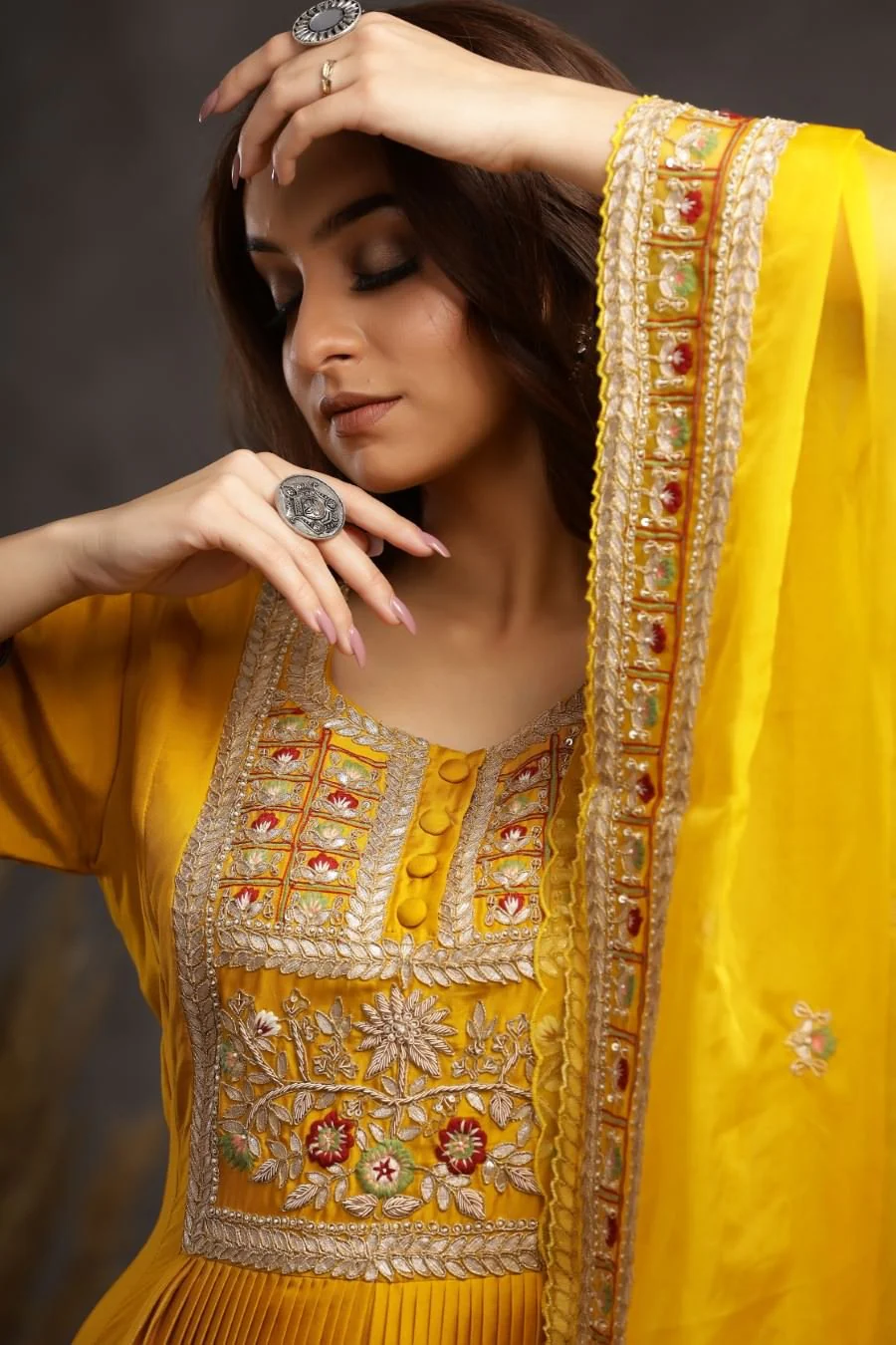 Mustard Modal Silk Long Enkle Length Stylish Dress And Dupatta With Embroidery - Image 6