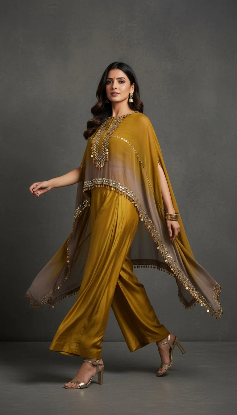 Mustard Yellow Ombre Embellished Raw Silk Cape Set - Image 2