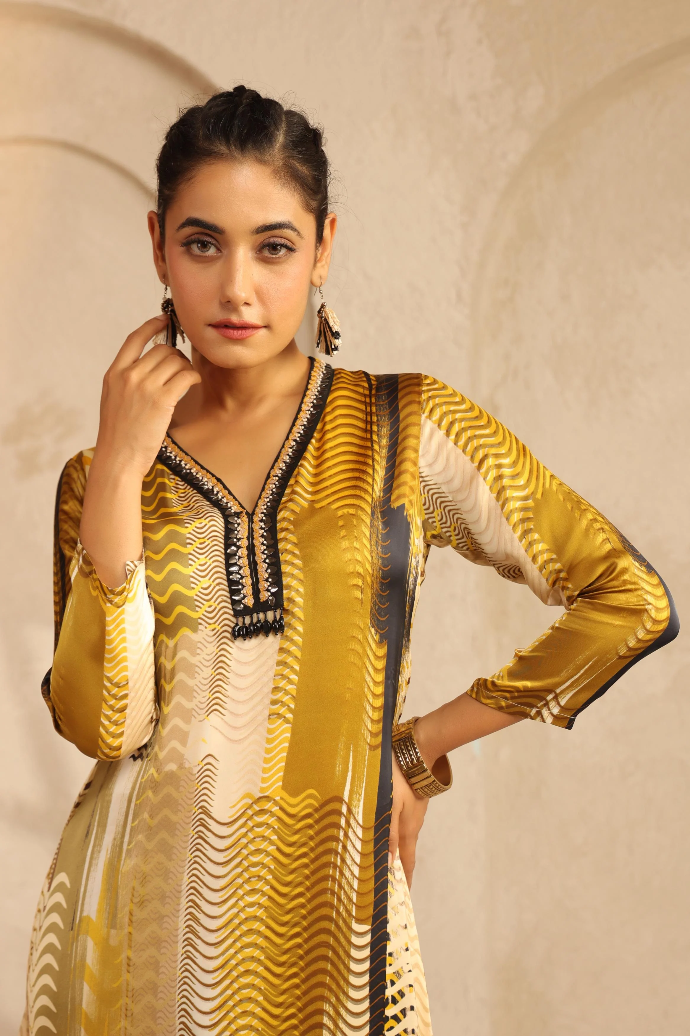Mustard Printed Bamberg Satin Kurta Set - Image 2