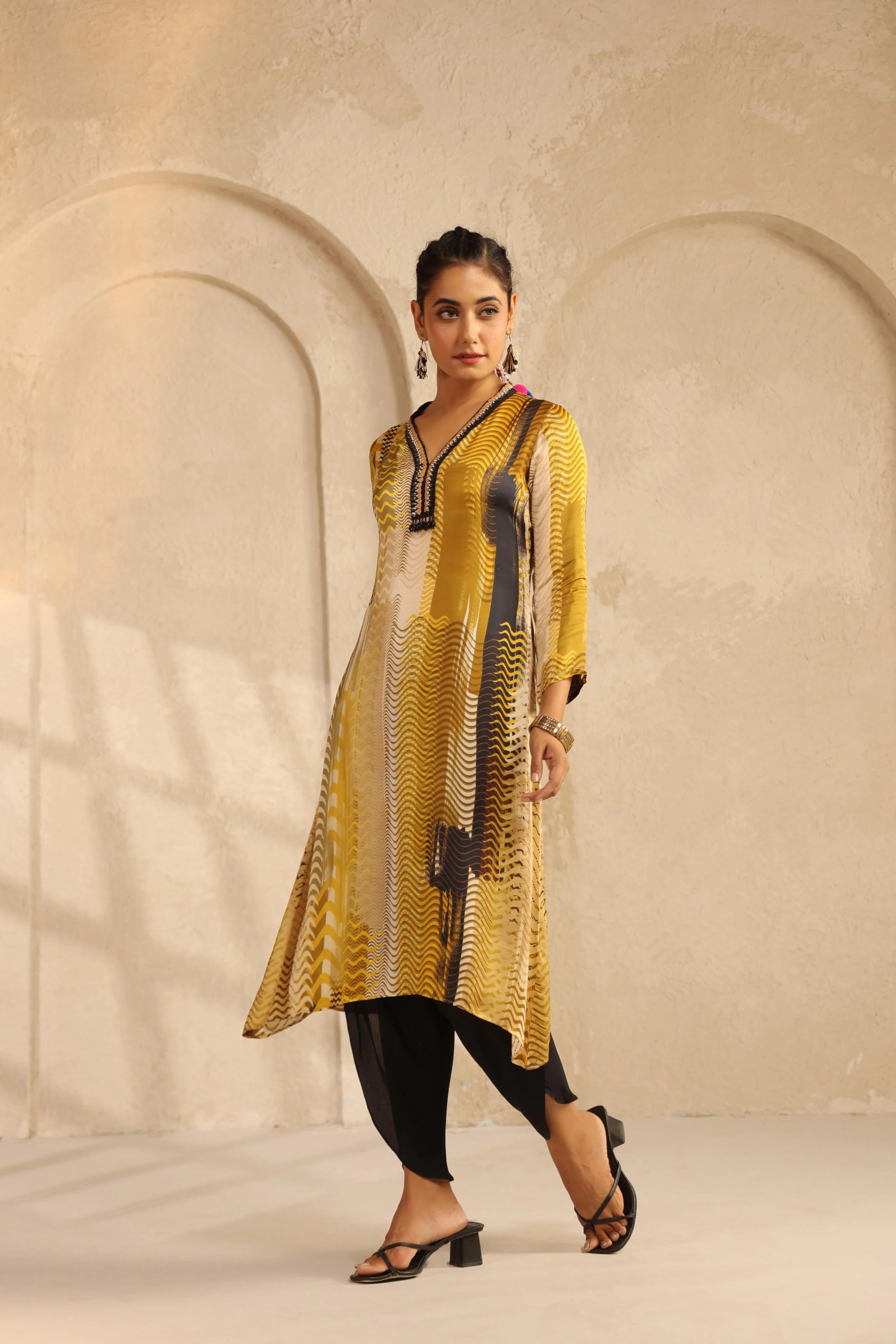 Mustard Printed Bamberg Satin Kurta Set - Image 3