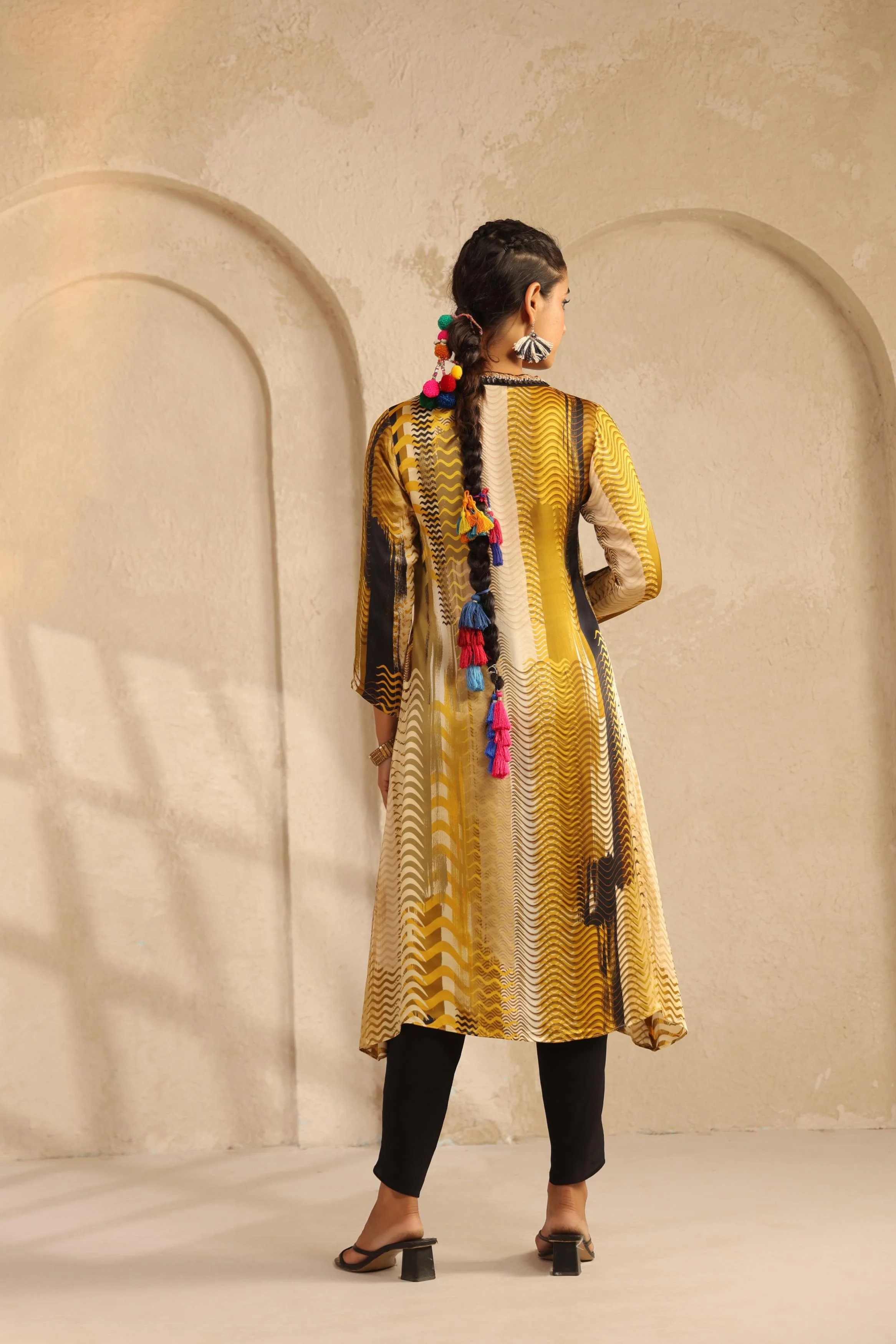 Mustard Printed Bamberg Satin Kurta Set - Image 4