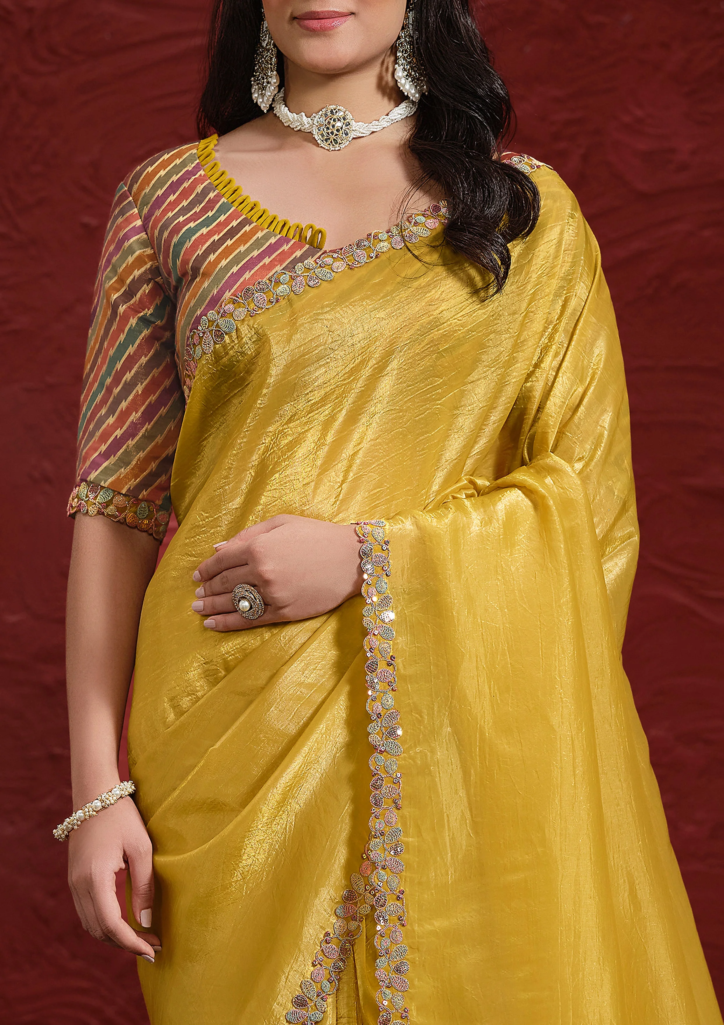 Mustard Yellow Embroidered Paper Silk Saree - Image 2
