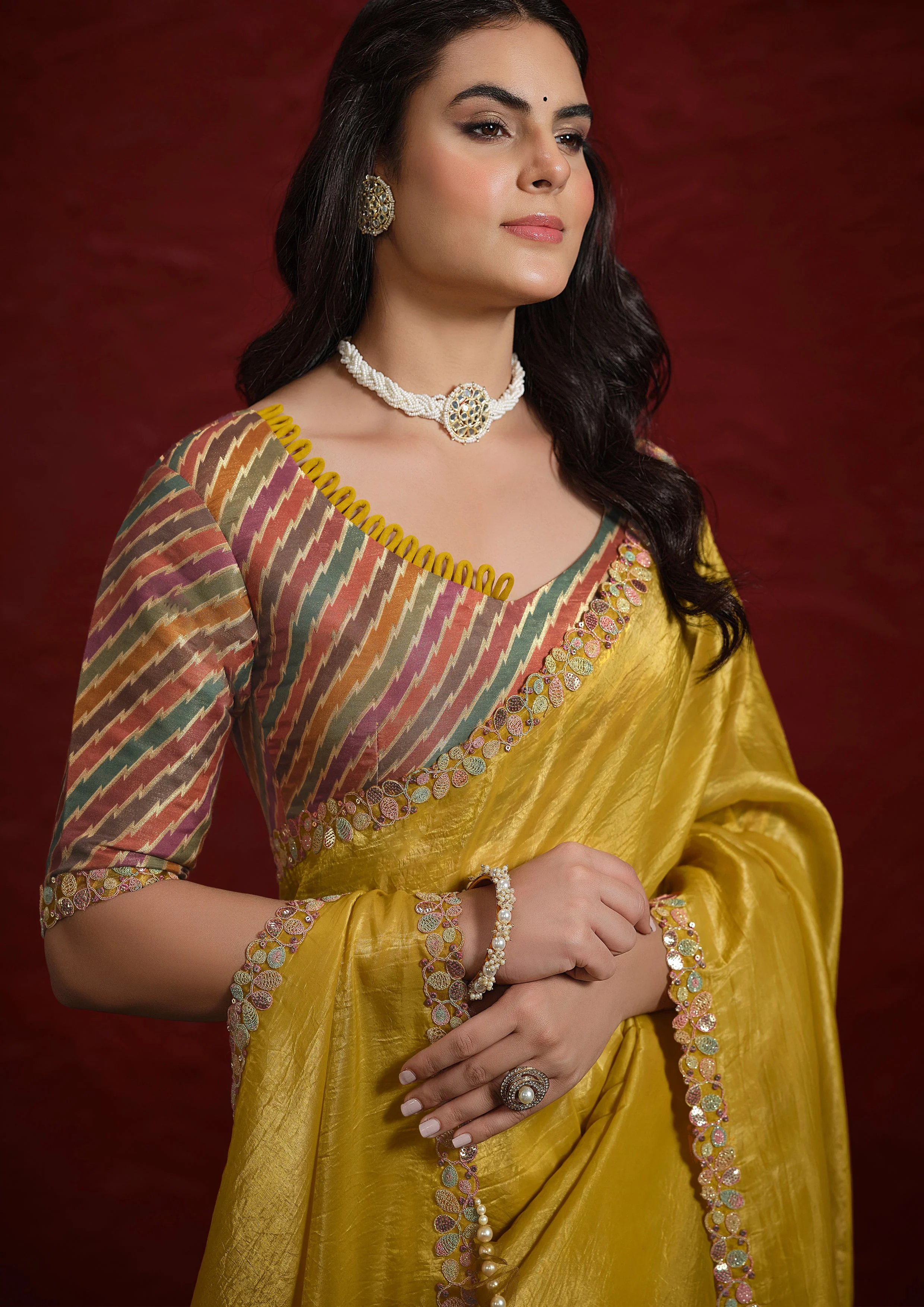 Mustard Yellow Embroidered Paper Silk Saree - Image 3