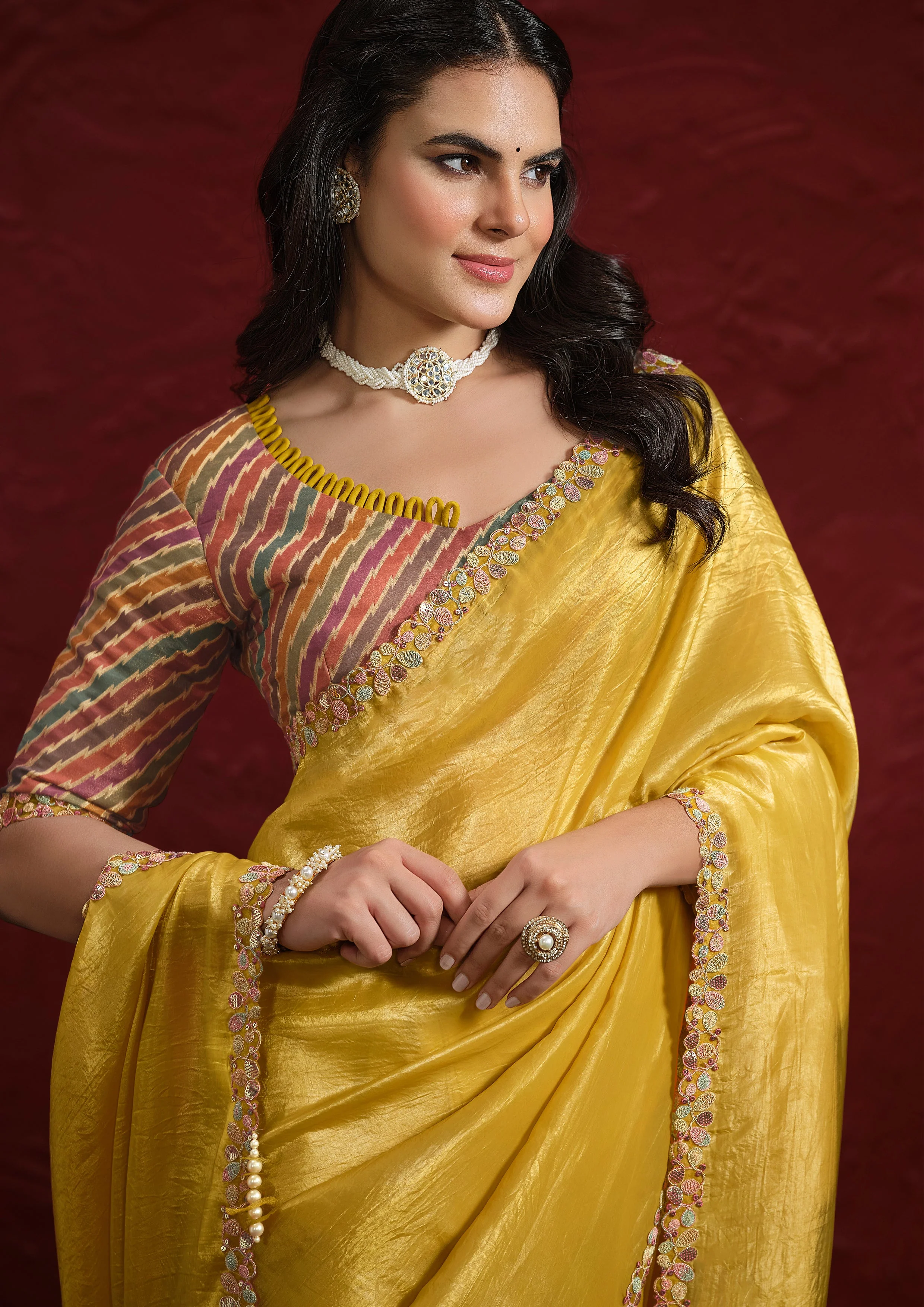 Mustard Yellow Embroidered Paper Silk Saree - Image 4