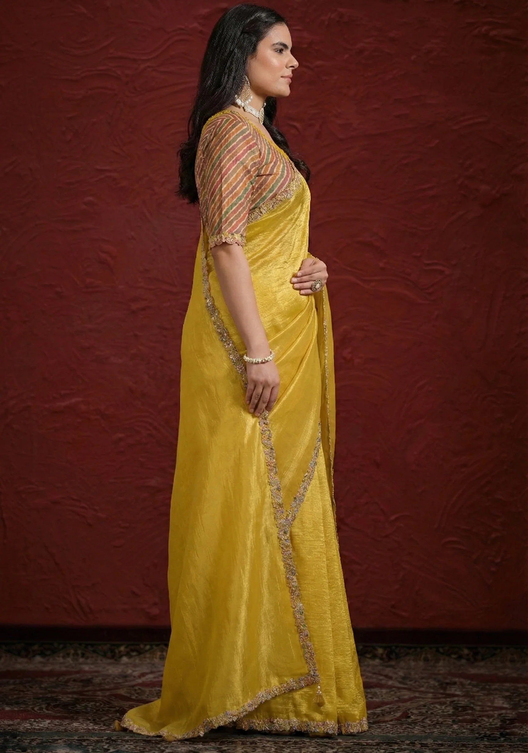 Mustard Yellow Embroidered Paper Silk Saree - Image 5