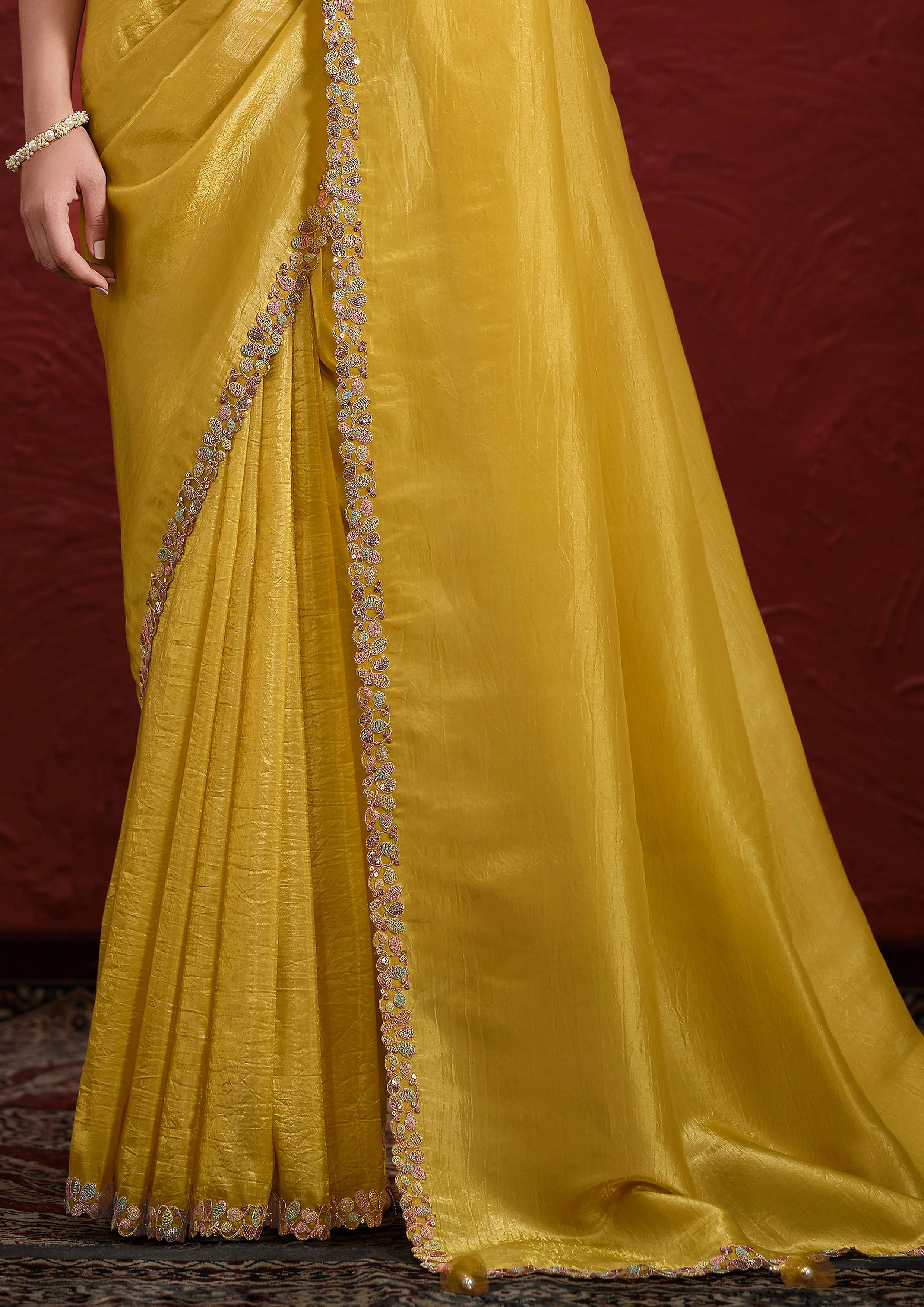 Mustard Yellow Embroidered Paper Silk Saree - Image 6