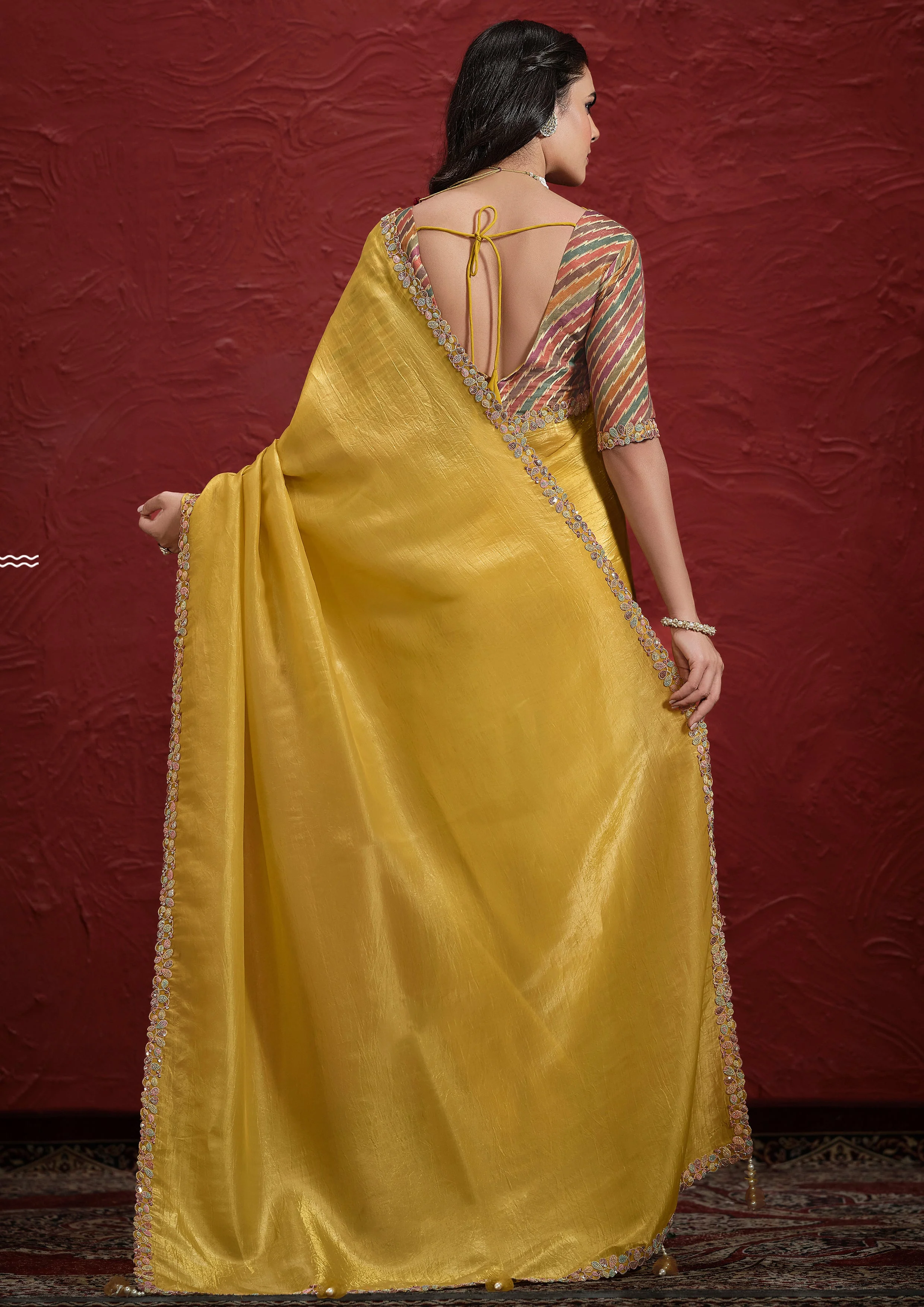 Mustard Yellow Embroidered Paper Silk Saree - Image 7