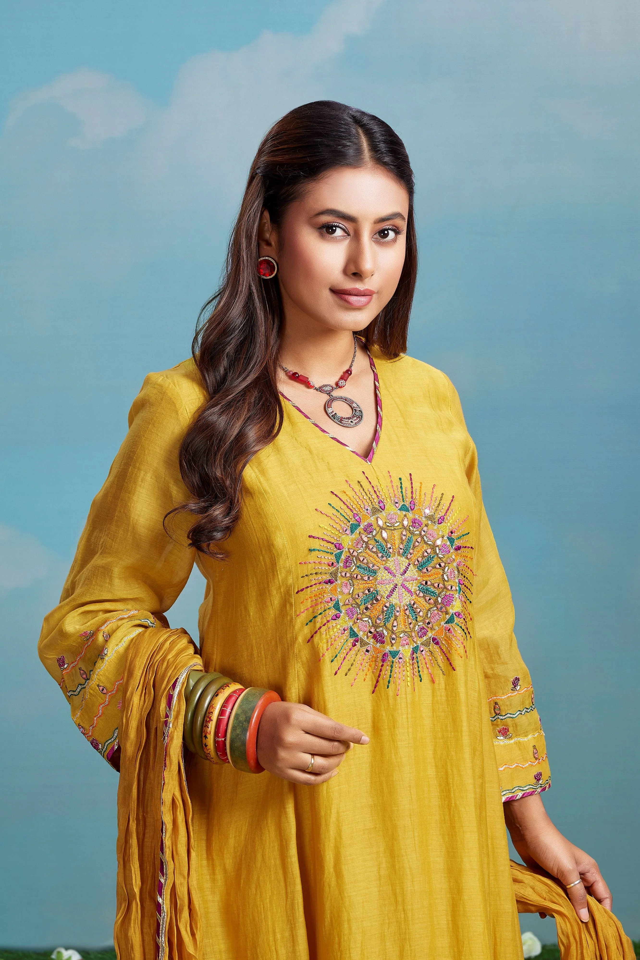 Mustard Sun Embroidered Chanderi Silk Anarkali Set - Image 2
