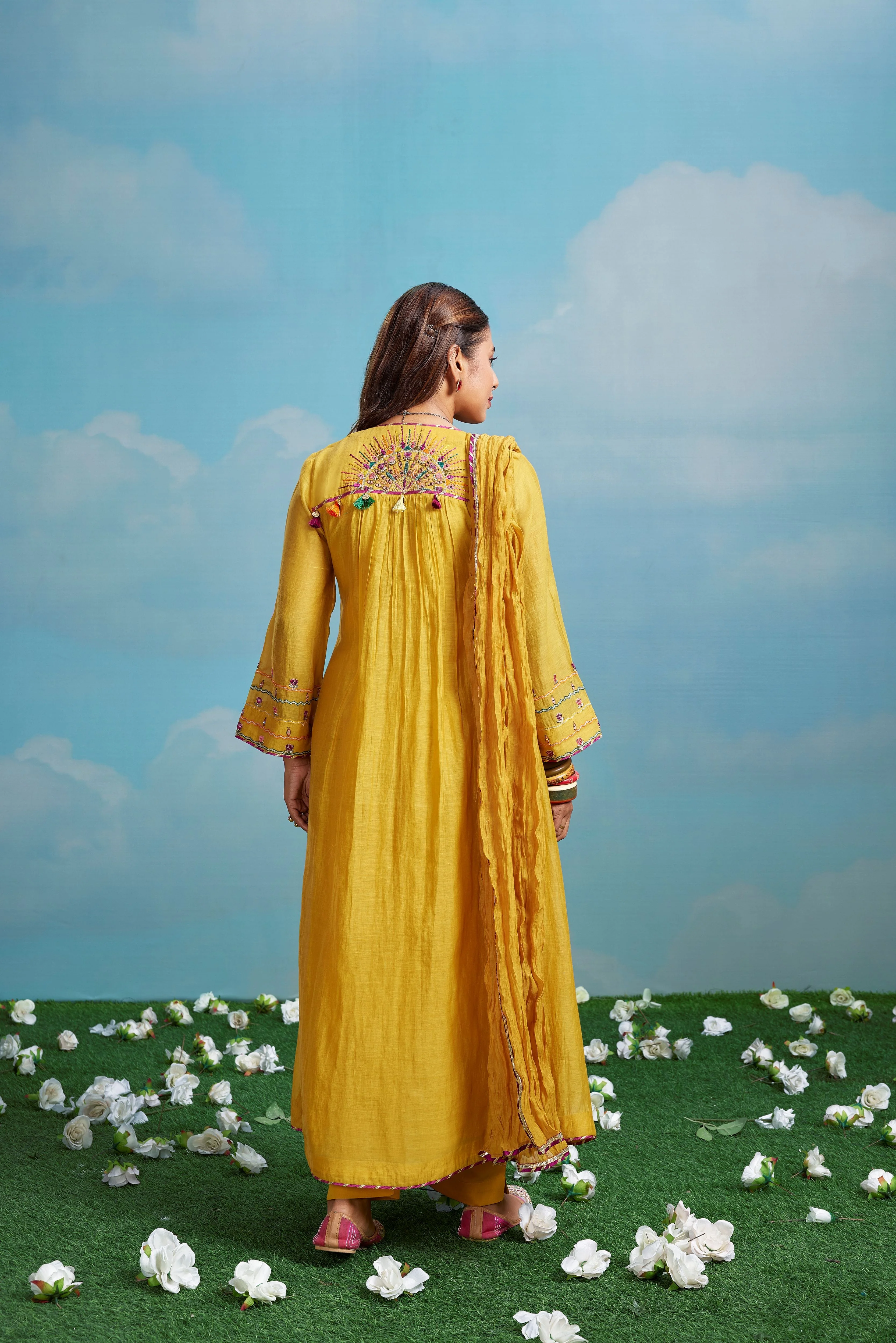 Mustard Sun Embroidered Chanderi Silk Anarkali Set - Image 3