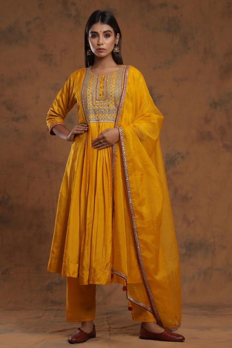 Mustard Yellow Chanderi Silk Kurta Pant Set With Embroidery - Image 4