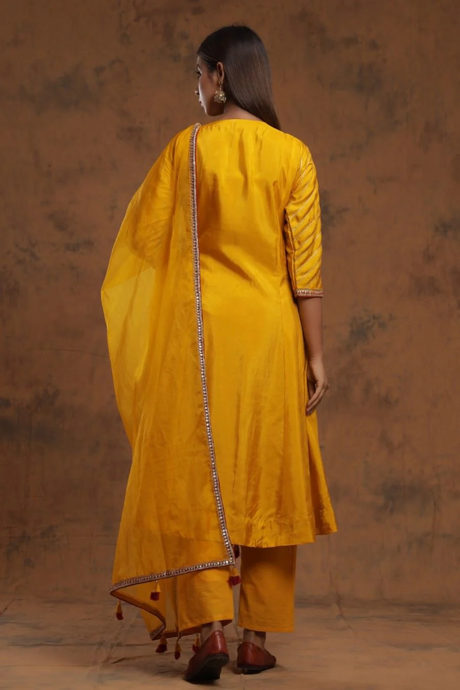 Mustard Yellow Chanderi Silk Kurta Pant Set With Embroidery - Image 5
