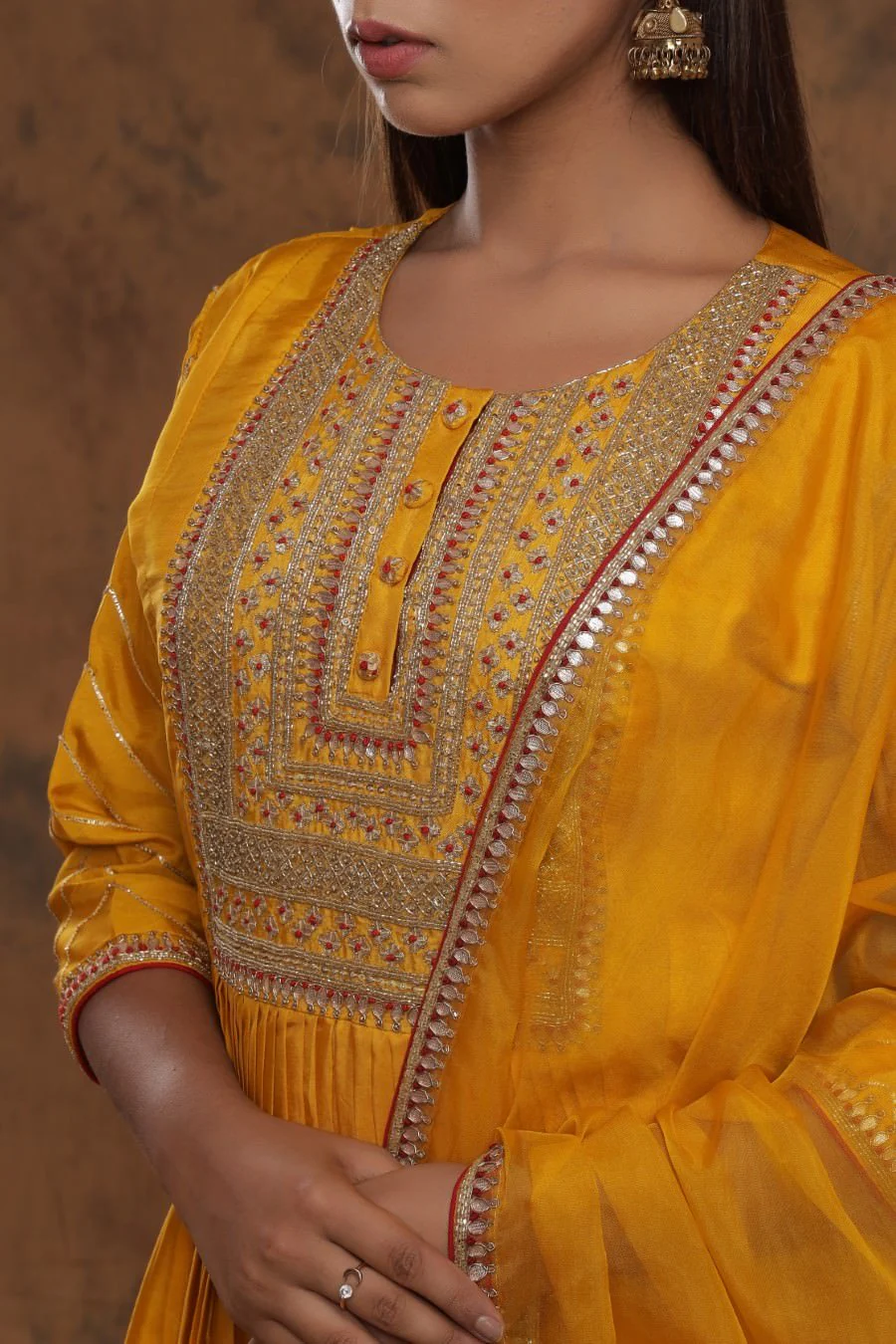 Mustard Yellow Chanderi Silk Kurta Pant Set With Embroidery - Image 6