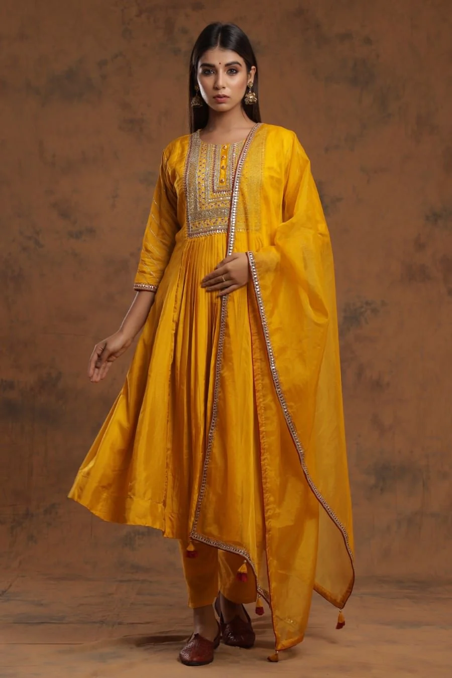 Mustard Yellow Chanderi Silk Kurta Pant Set With Embroidery - Image 7