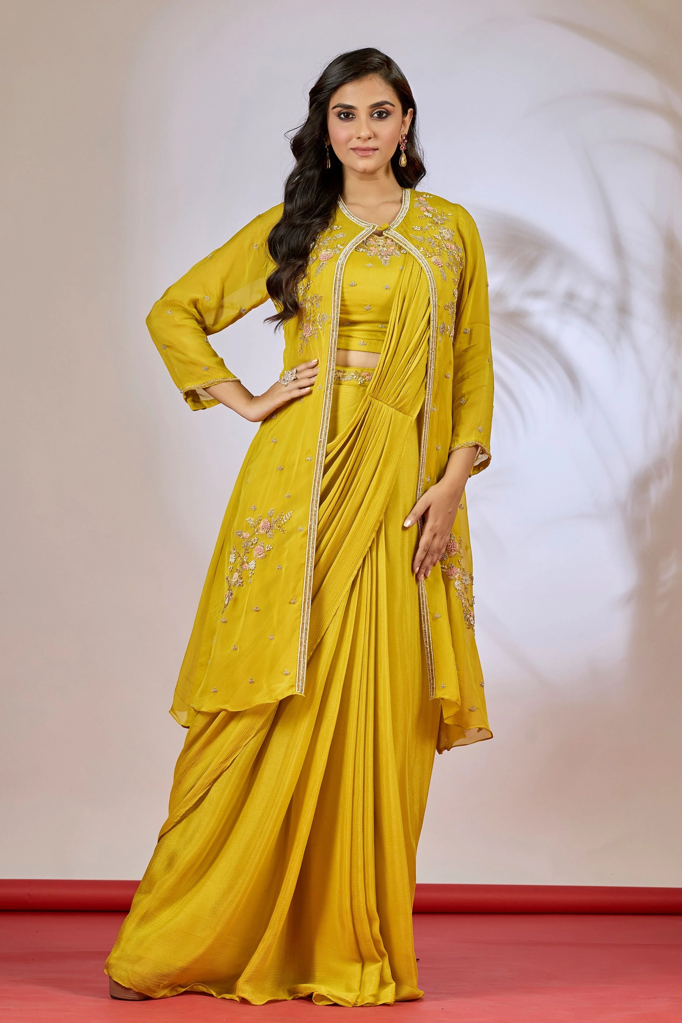 Mustard Yellow Embellished Chinon Silk Saree - Image 3